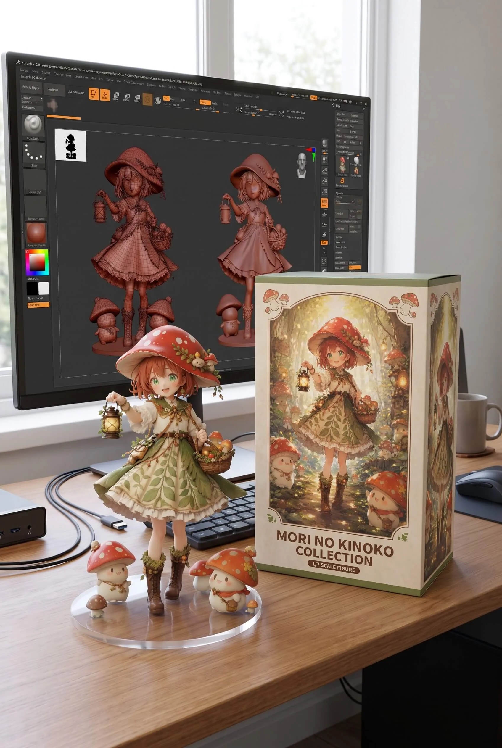 Mushroom forest girl action figure with tiny mushroom companions and packaging