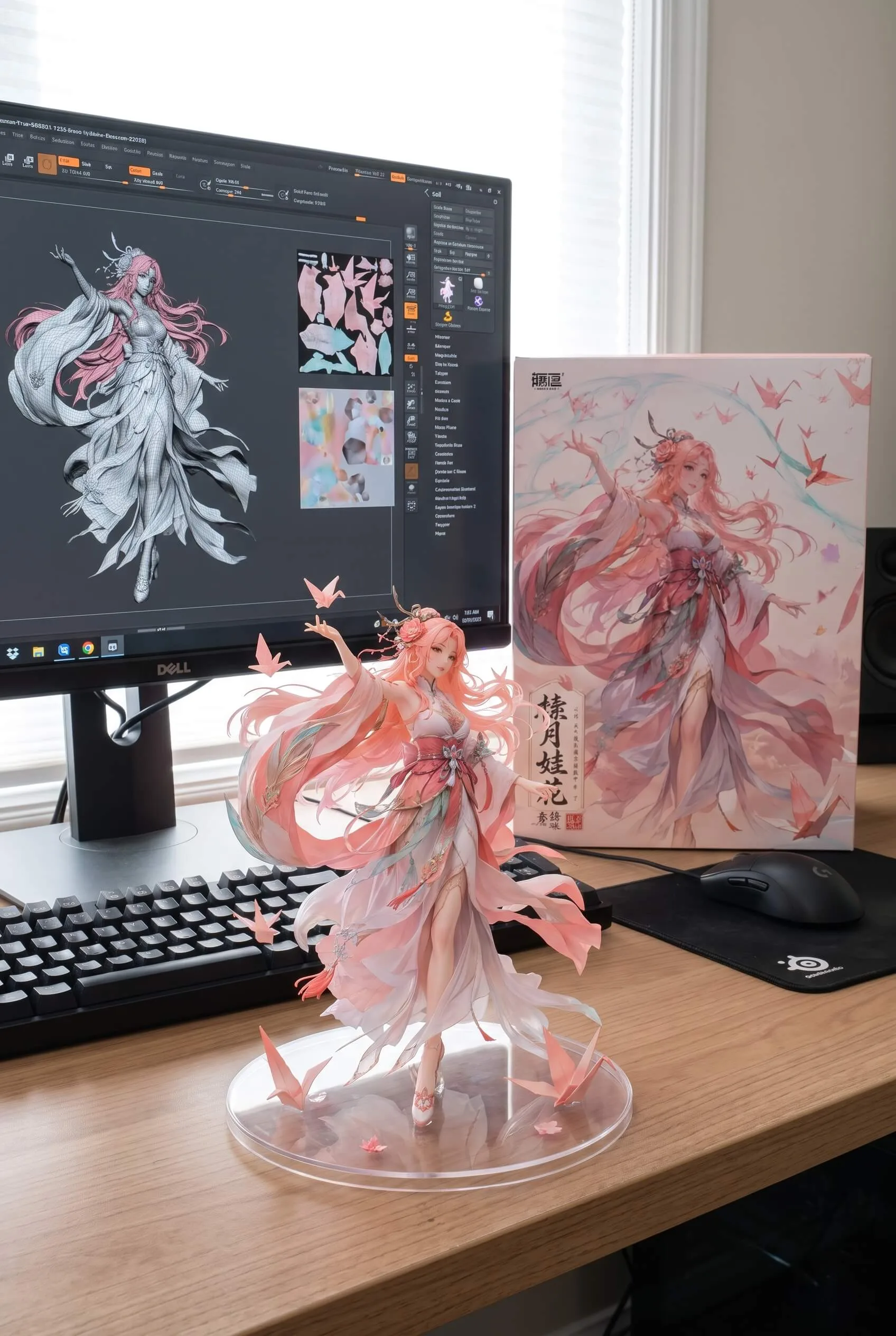 Pink crane princess fantasy action figure with flowing costume and display box