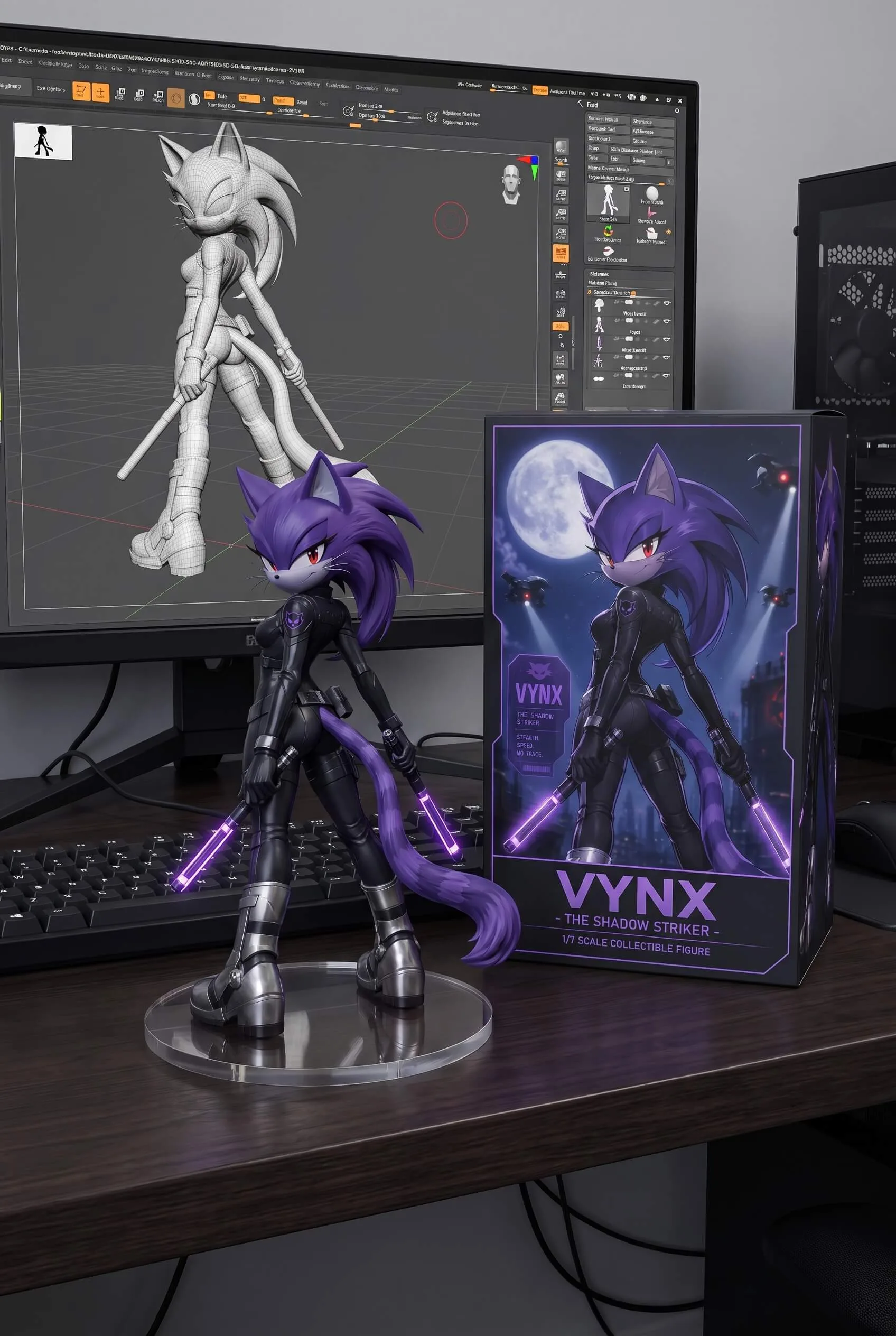 Purple shadow striker action figure with glowing weapons and collector box