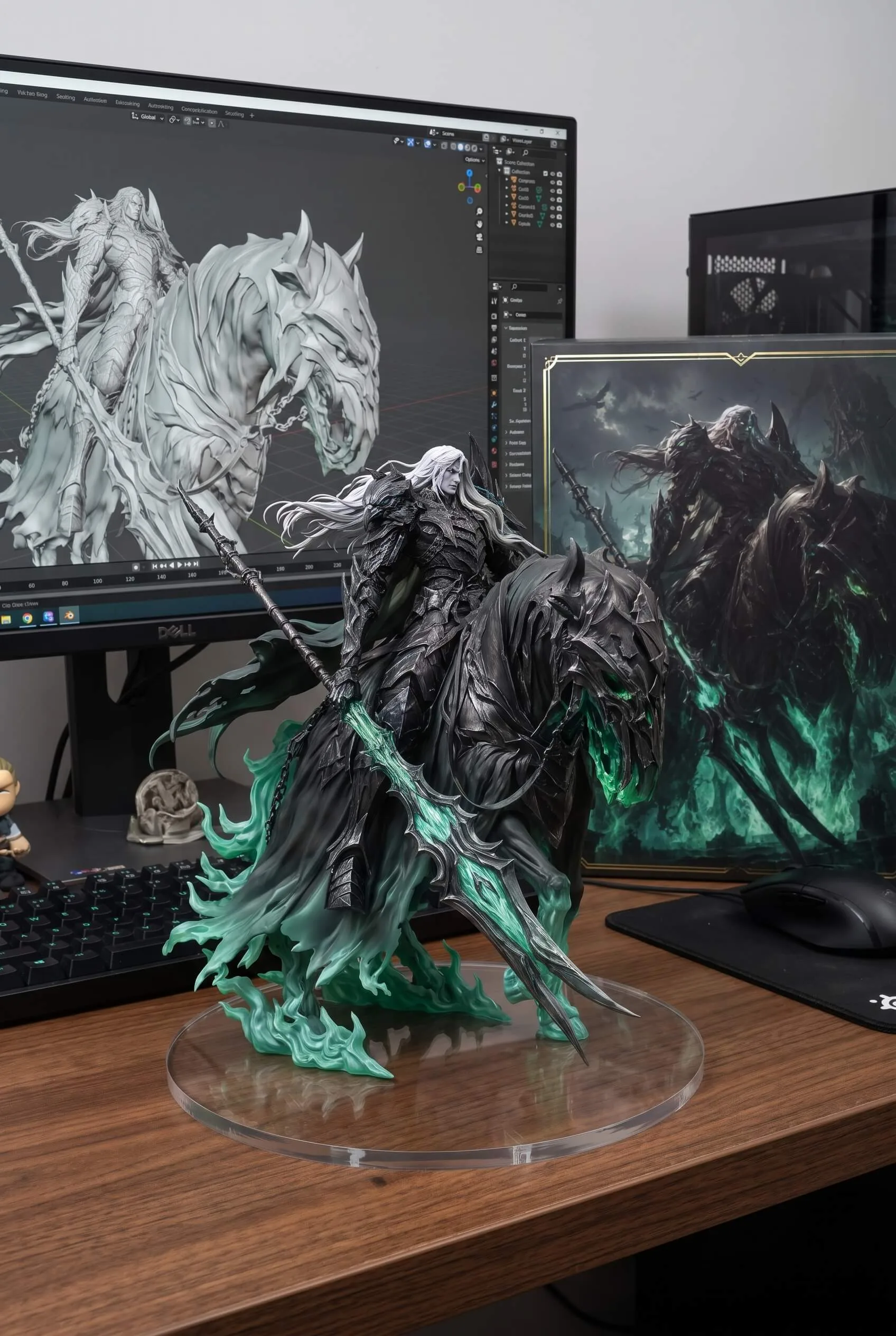 Dark spectral knight action figure riding an armored horse with green flames