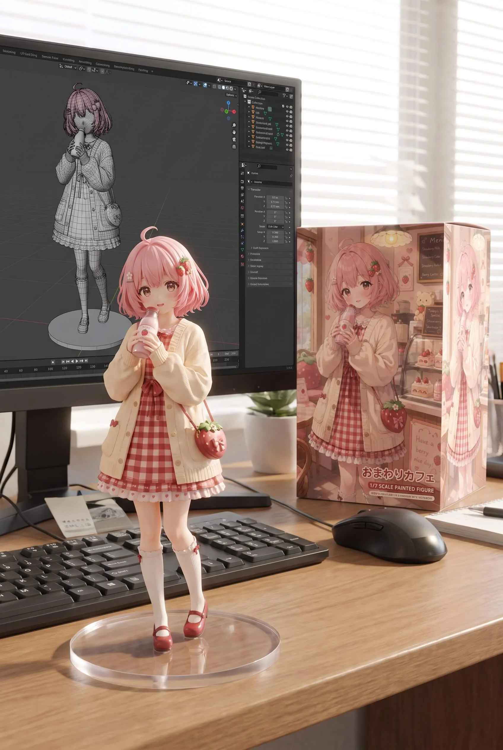 Pink-haired strawberry cafe girl action figure displayed on a computer desk