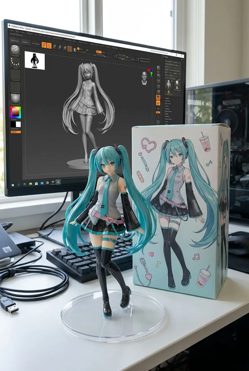 Turquoise twin-tail anime idol action figure displayed beside its character box