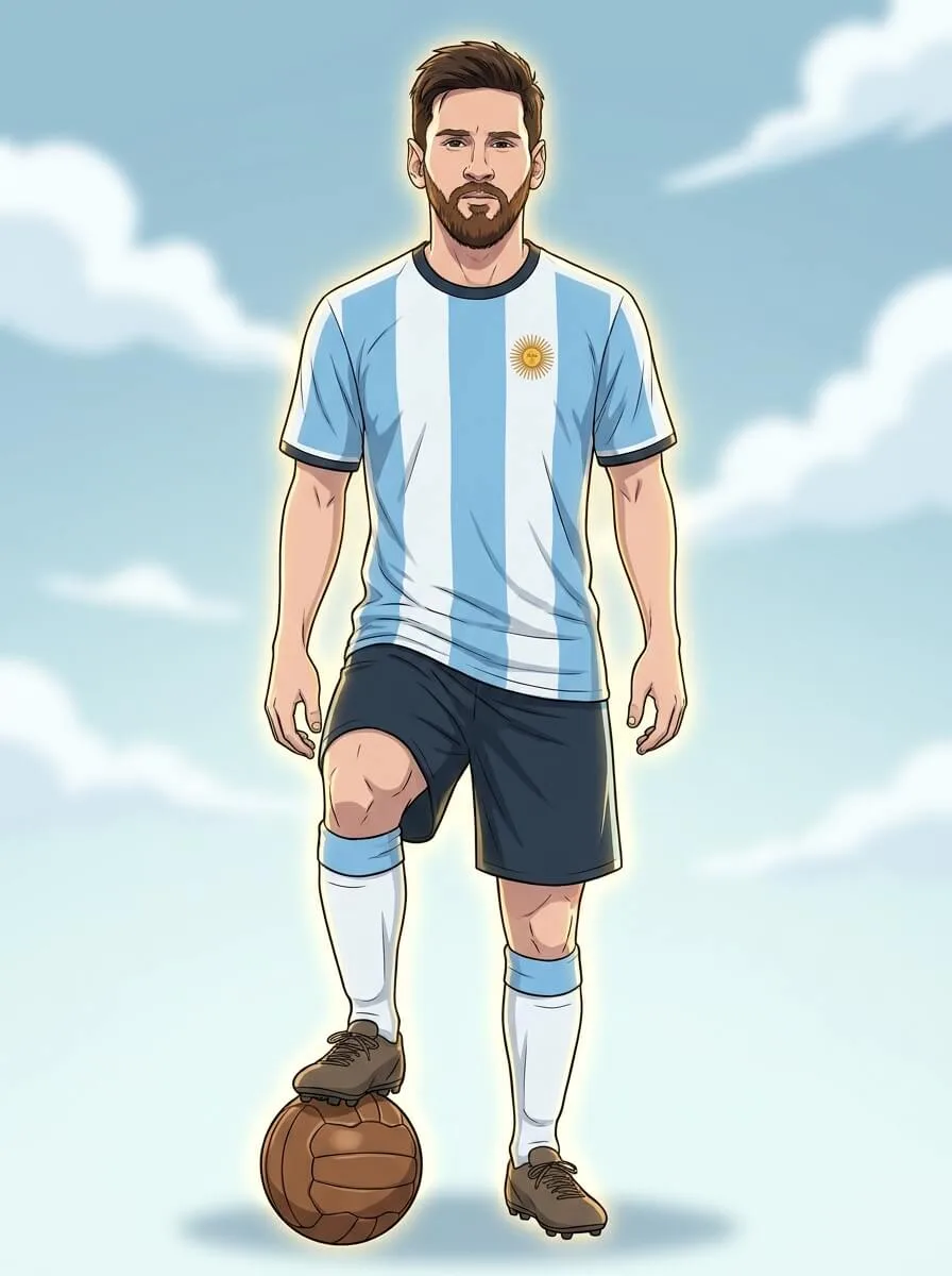 Illustrated football character in a light blue and white striped kit