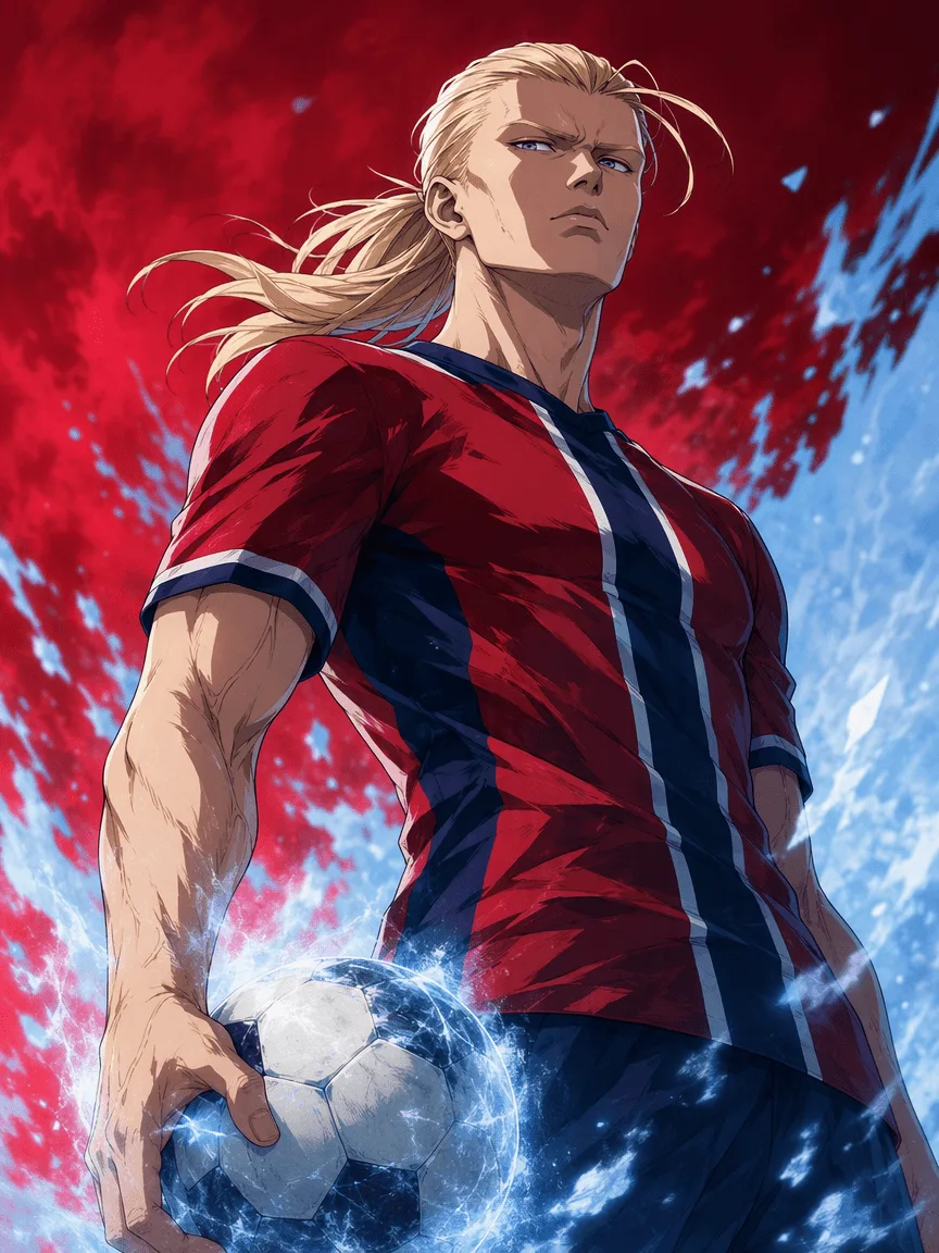 Blond football character in a red and navy kit