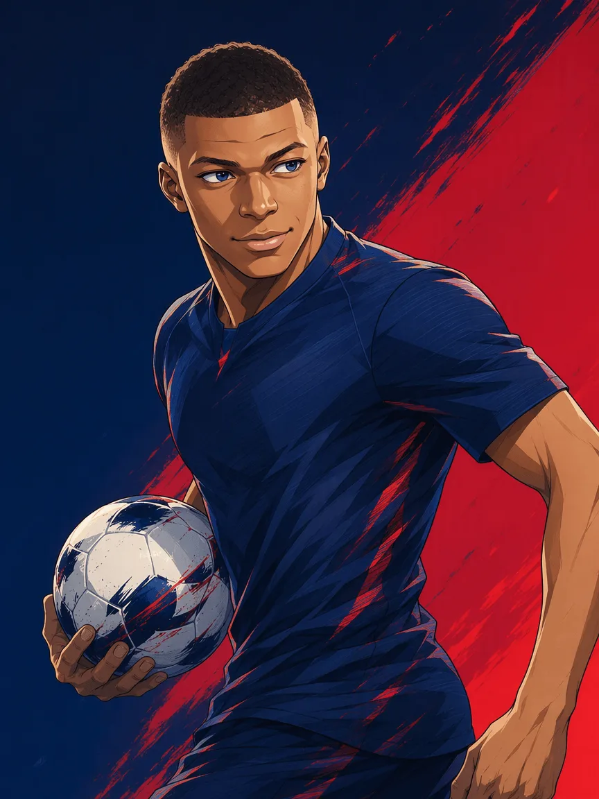 Football character in a navy kit holding a ball