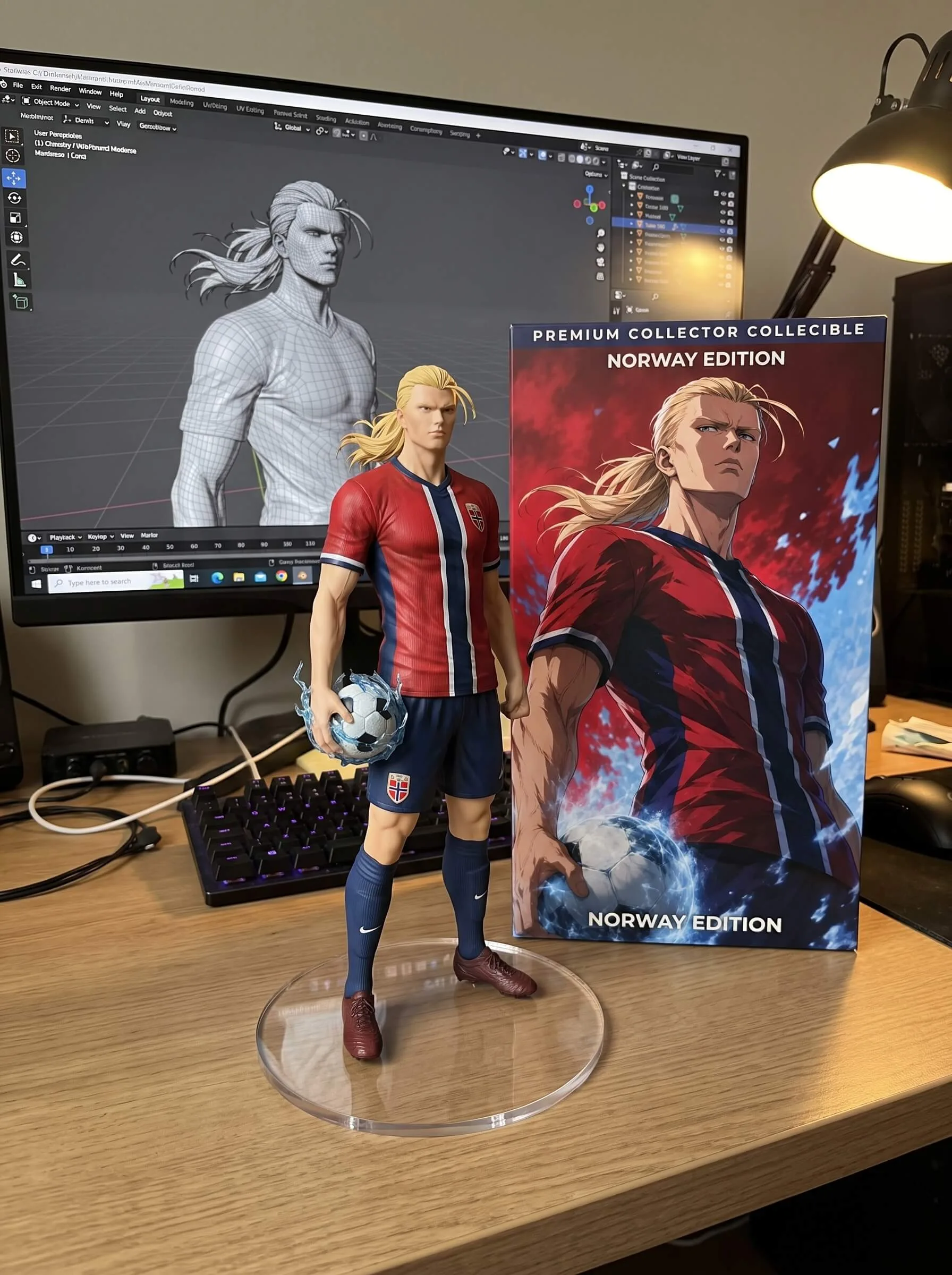 Custom football action figure displayed beside its illustrated collector box and 3D model workspace