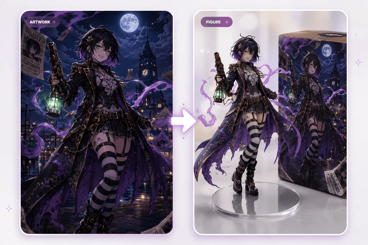 Gothic original character artwork transformed into a matching collectible figure with packaging