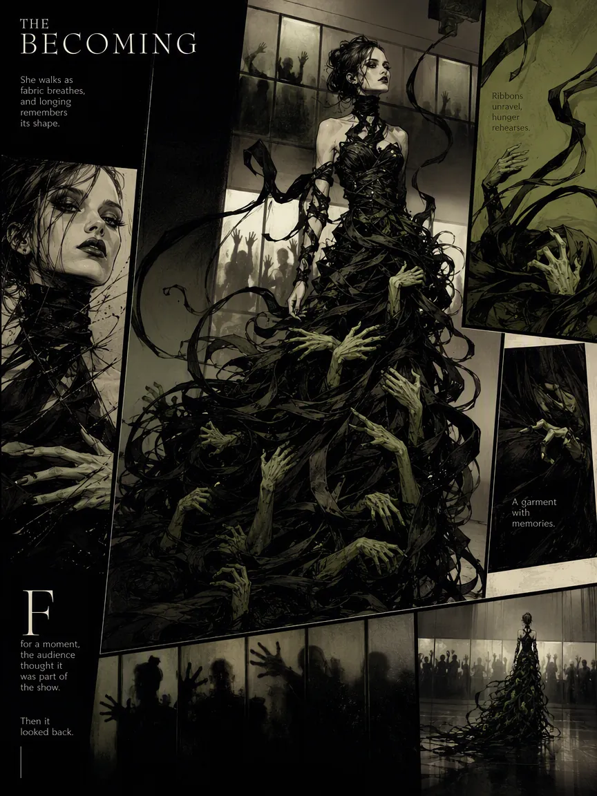 Gothic fashion comic page of a woman in a living black dress surrounded by spectral hands