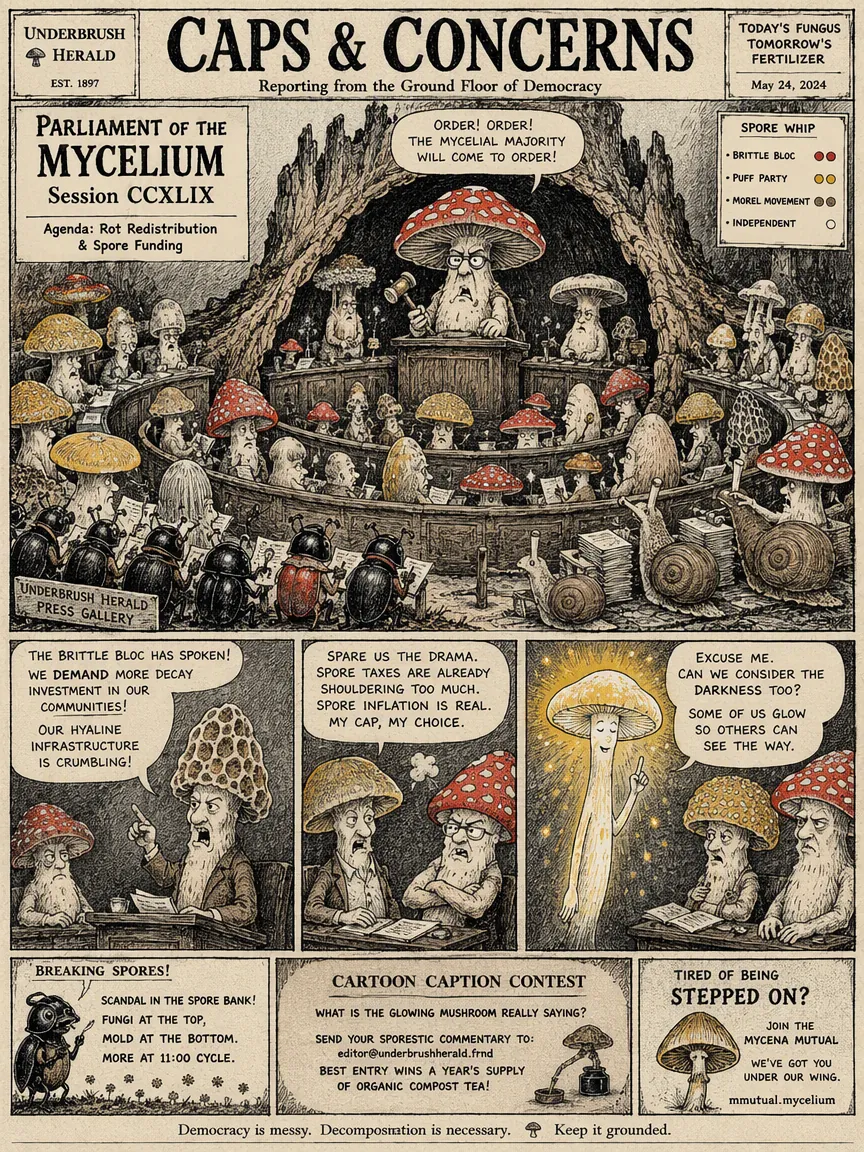 Satirical newspaper comic page about a parliament of mushrooms