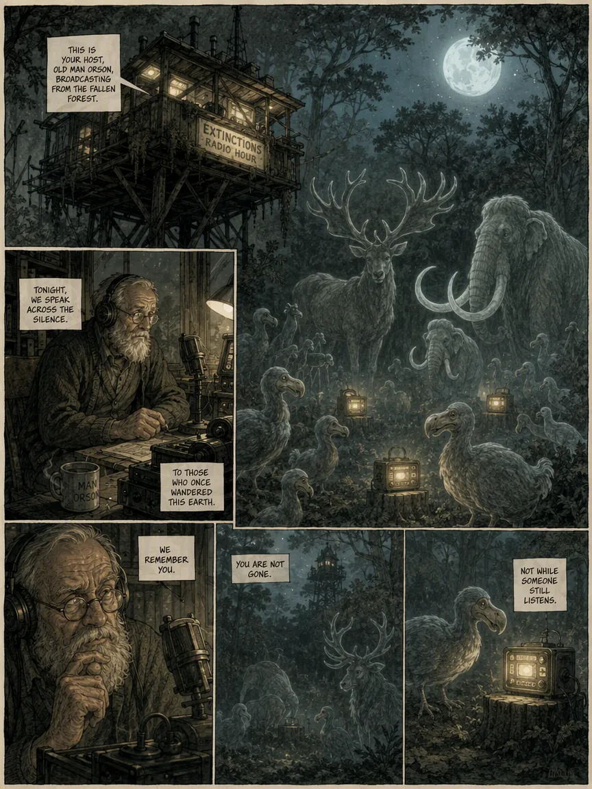 Moody comic page of an old radio host broadcasting to extinct animals in a moonlit forest