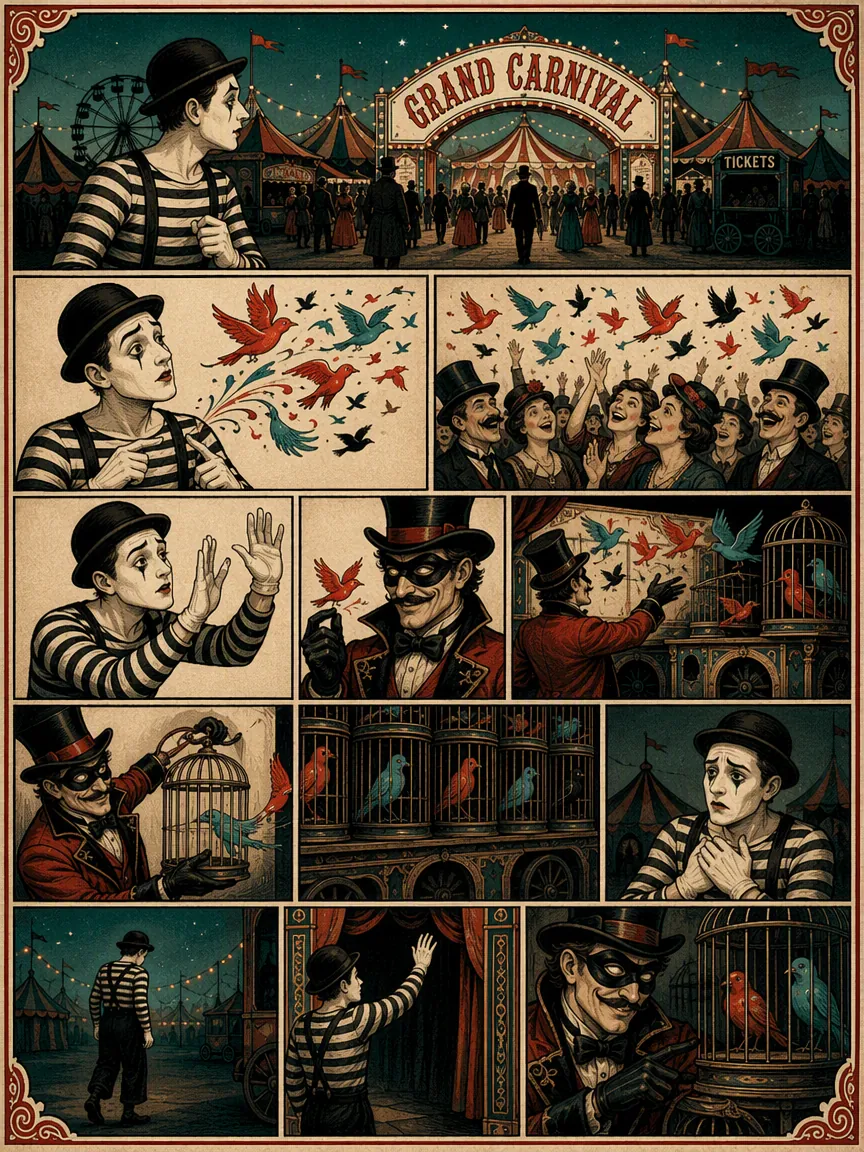 Vintage carnival comic page about a mime confronting a mysterious bird collector