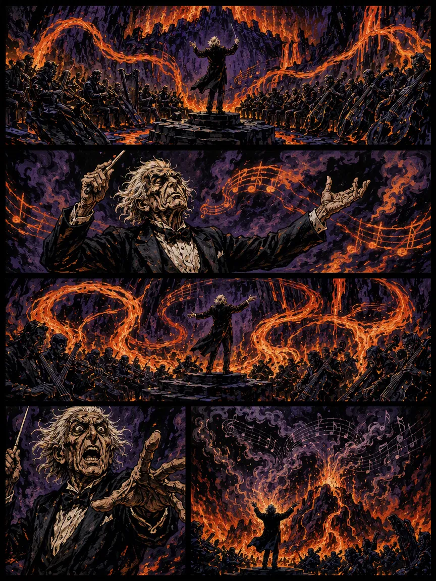 Dark fantasy comic page of a conductor commanding an orchestra of fire