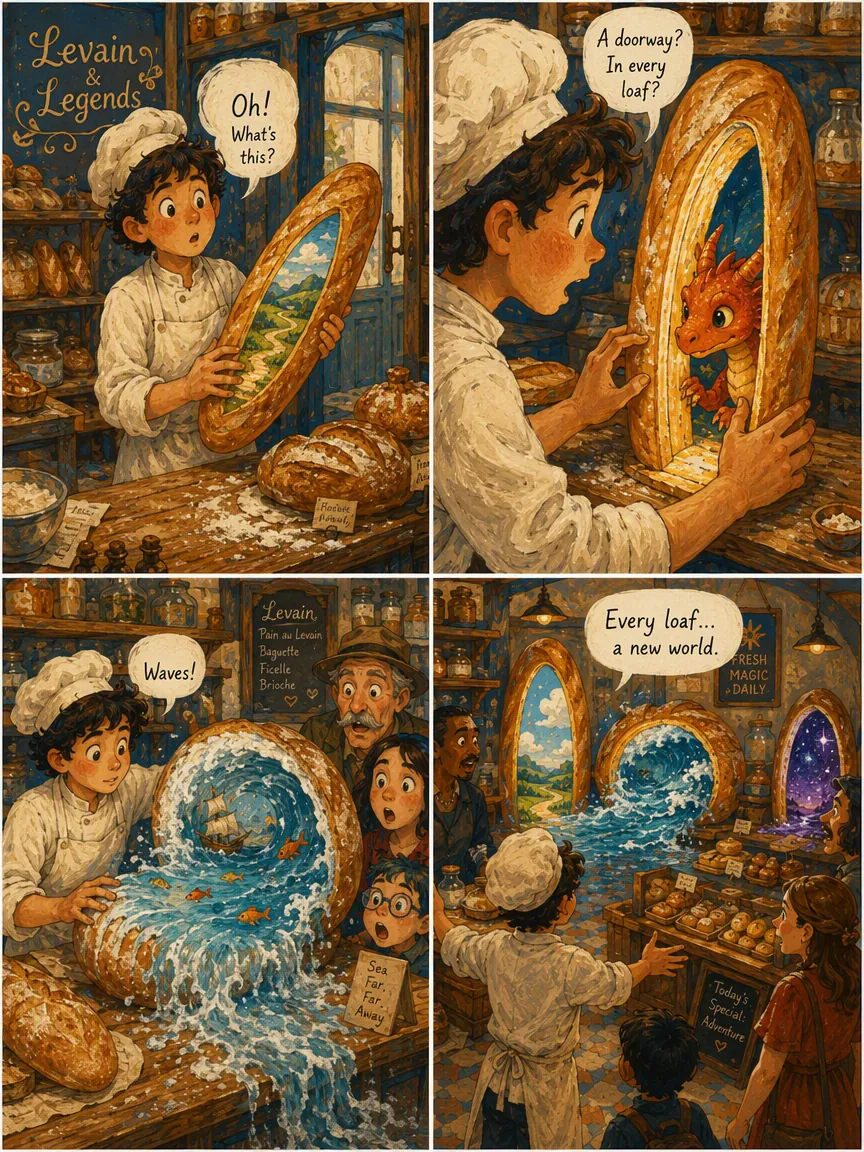 Warm fantasy comic page about a baker discovering portals inside enchanted loaves