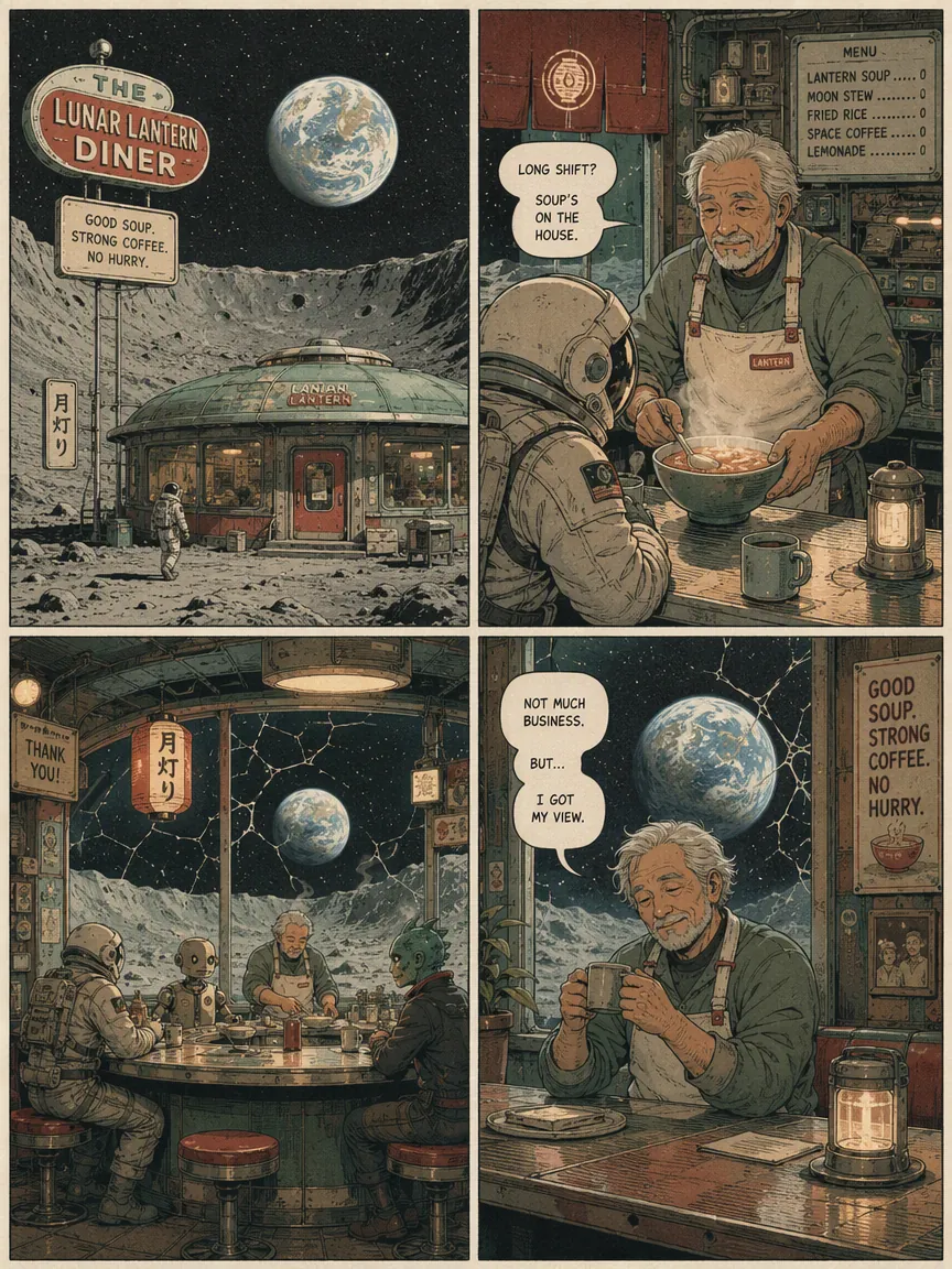 Retro science-fiction comic page set inside a diner on the Moon