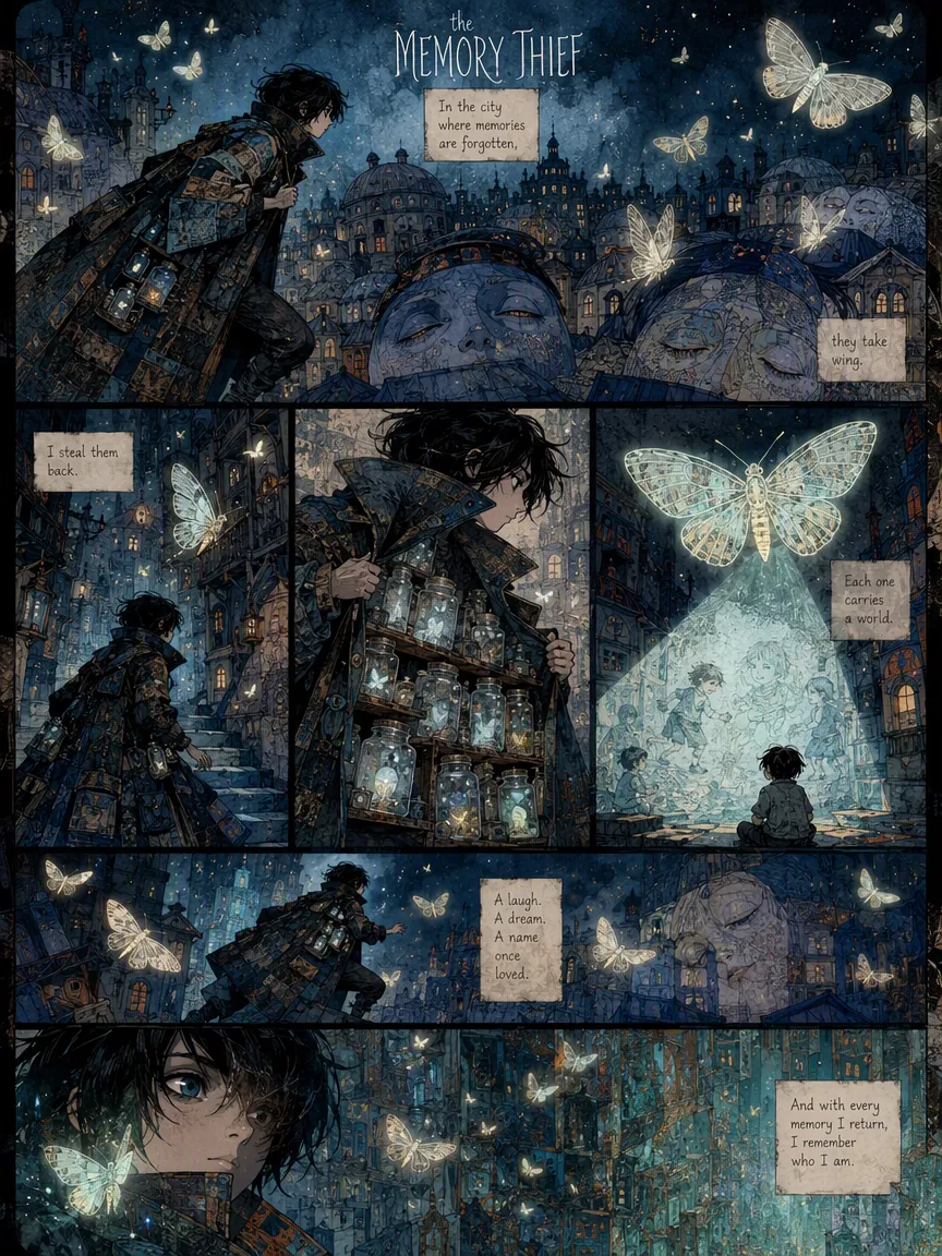 Blue fantasy manga page about a thief collecting glowing memories in jars