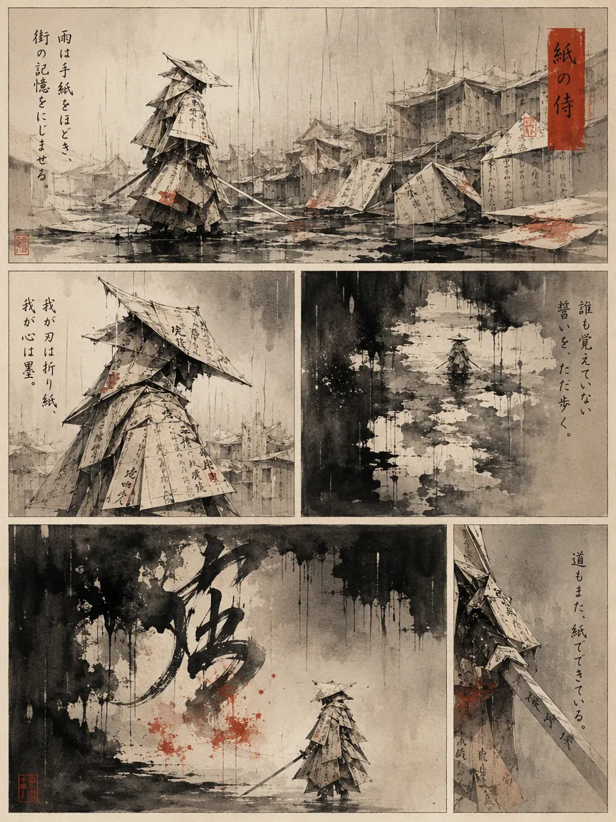 Ink-wash manga page about a samurai made from folded paper walking through rain