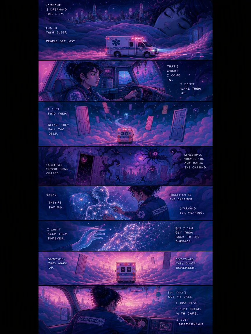Neon science-fiction Webtoon page about a paramedic driving through a city of dreams