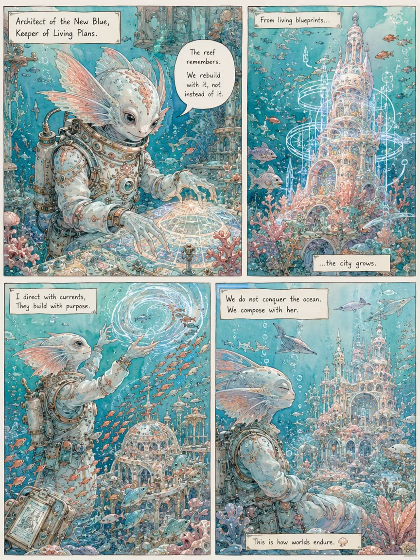 Pastel underwater comic page featuring an aquatic architect building a coral city