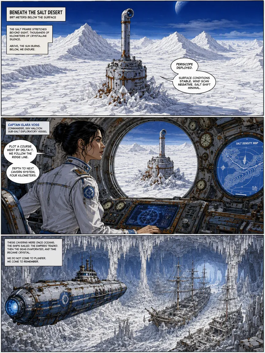 Blue science-fiction comic page about a submarine expedition beneath a frozen salt desert