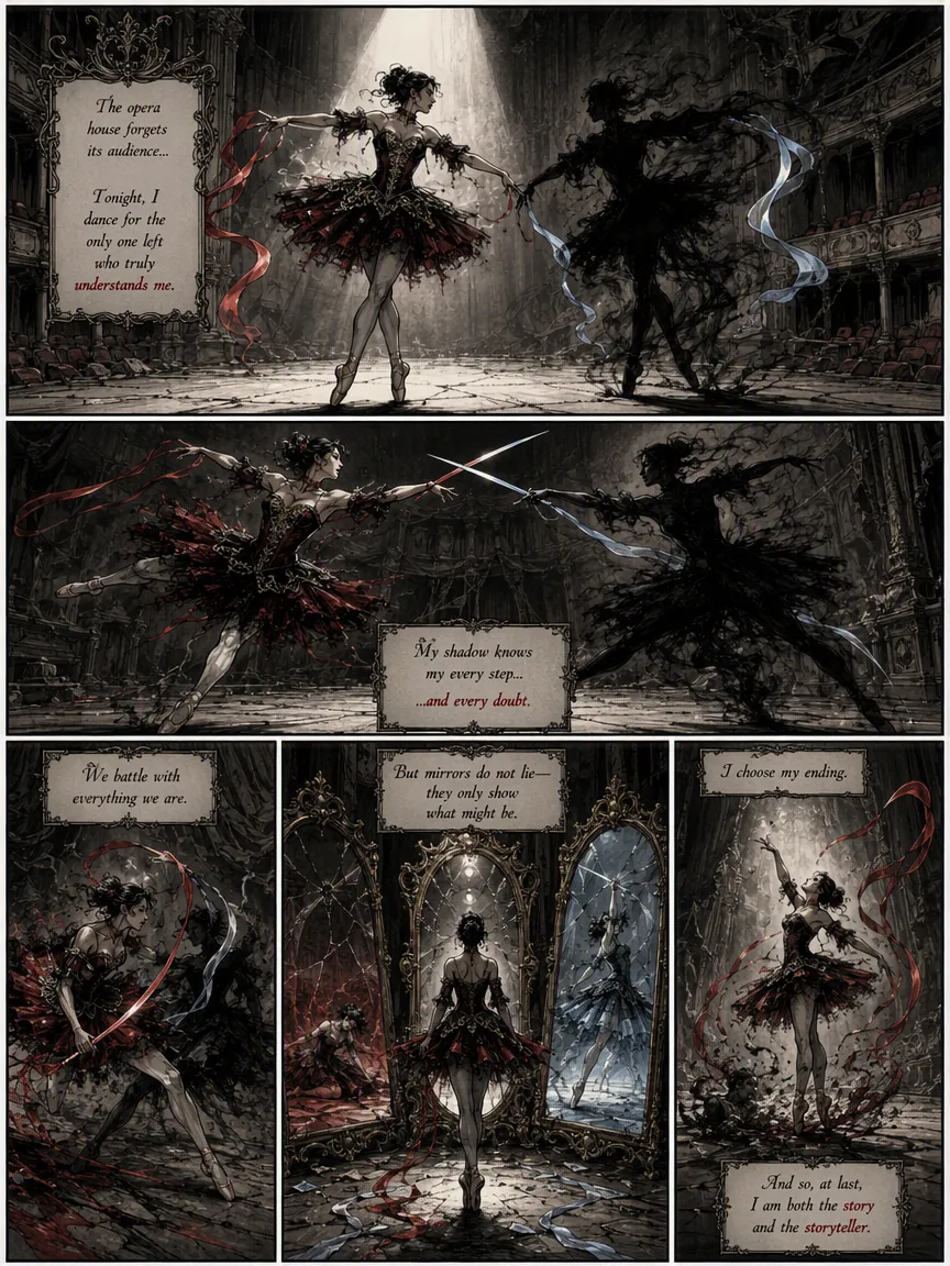 Gothic comic page of a ballerina dueling her shadow inside an abandoned opera house
