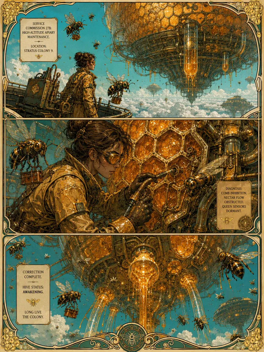 Steampunk comic page about an engineer repairing a floating mechanical bee colony