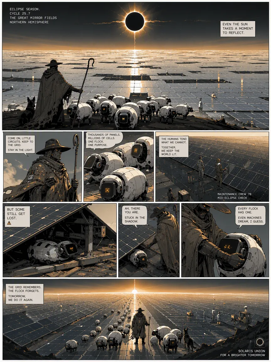 Science-fiction comic page of a shepherd tending robot sheep across a vast solar farm