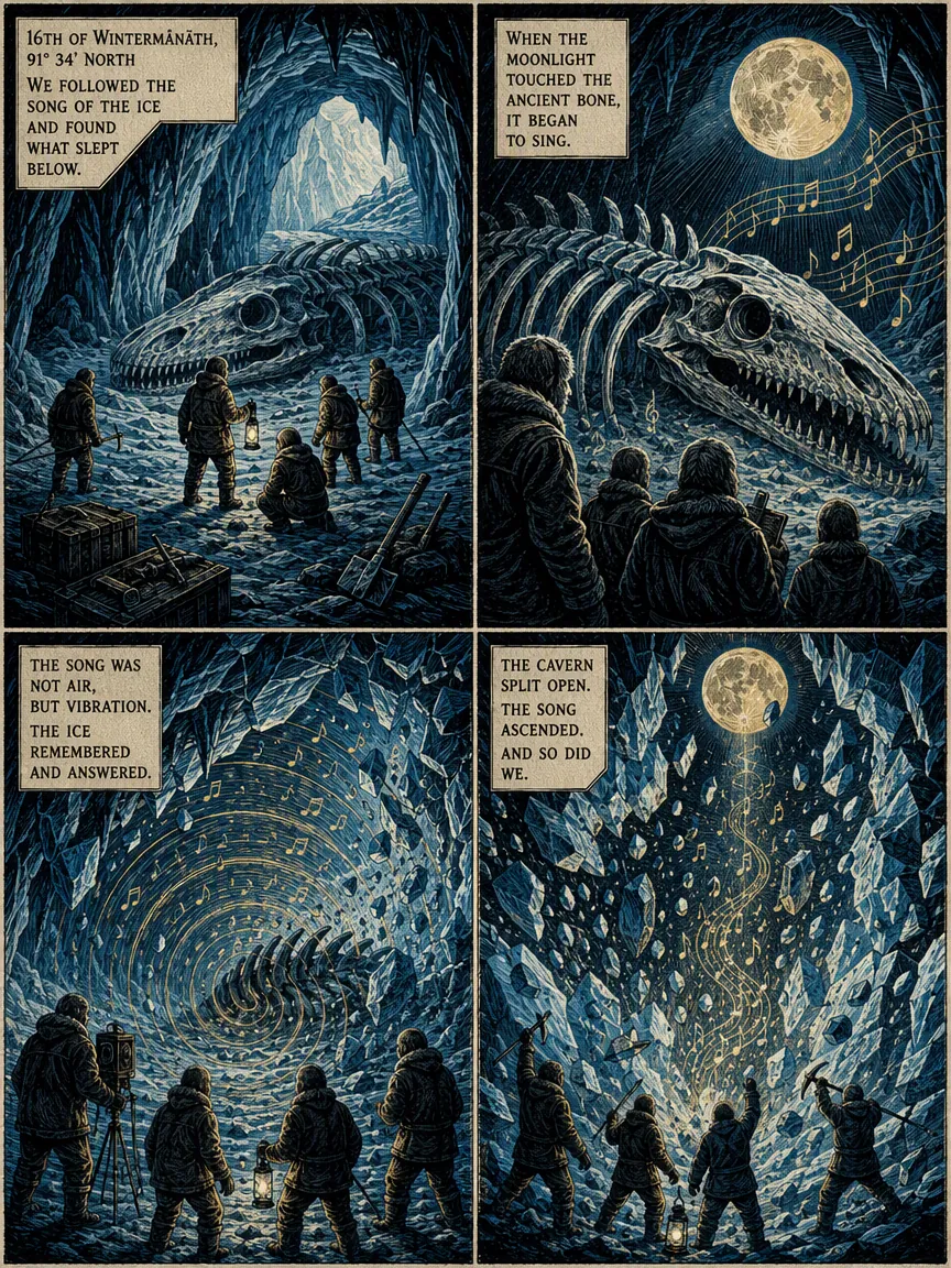Dark expedition comic page where explorers discover a singing skeleton beneath the ice