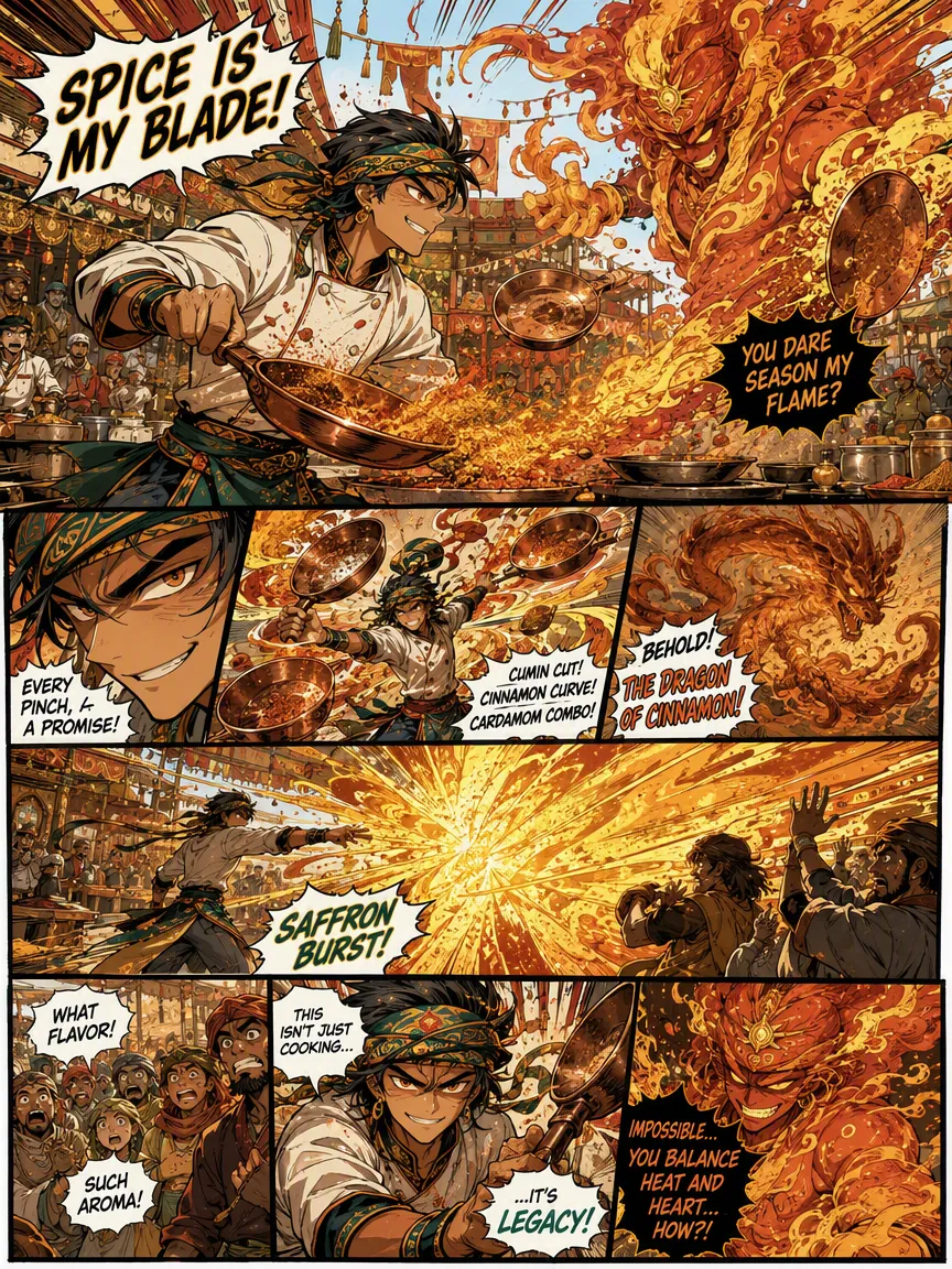 Action manga page of a chef battling a fire spirit with enchanted spices