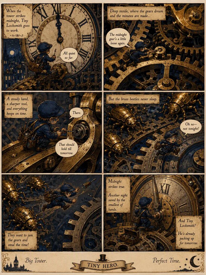 Whimsical comic page about a tiny locksmith maintaining the gears inside a clock tower