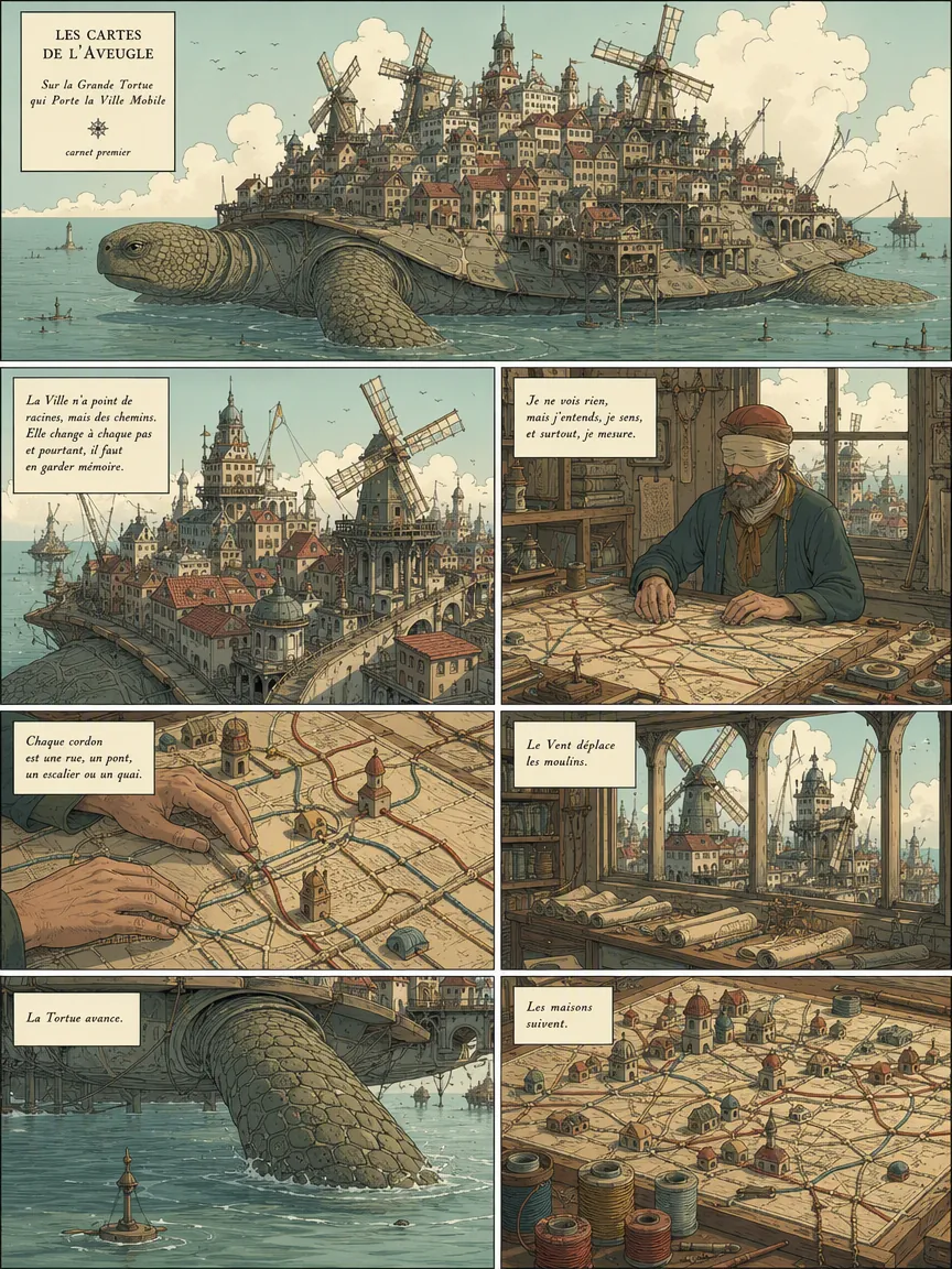 French fantasy comic page showing a windmill city carried by a giant sea turtle