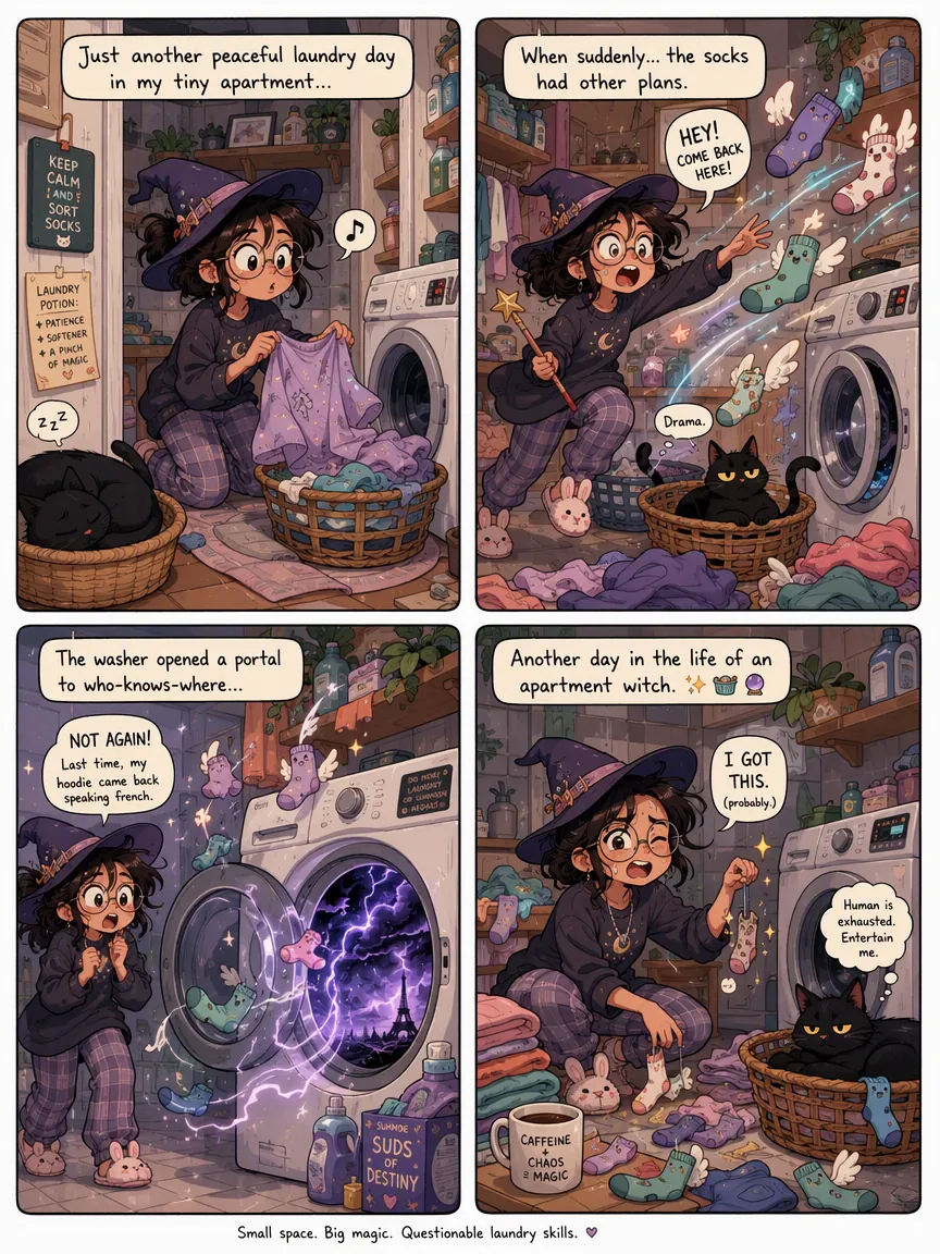 Colorful Webtoon page of a young witch chasing enchanted socks through a laundry portal