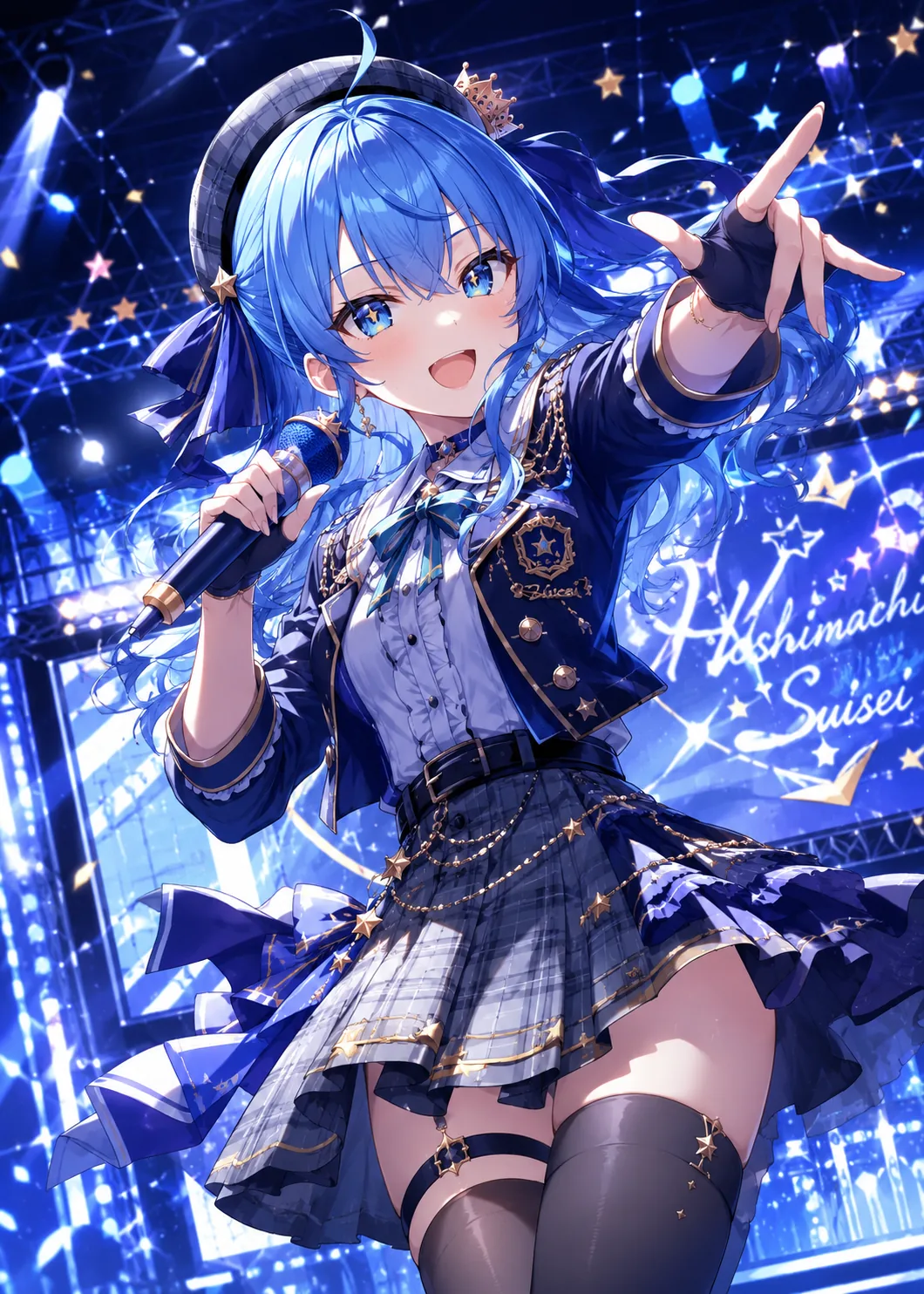 Blue-haired anime idol singing on stage