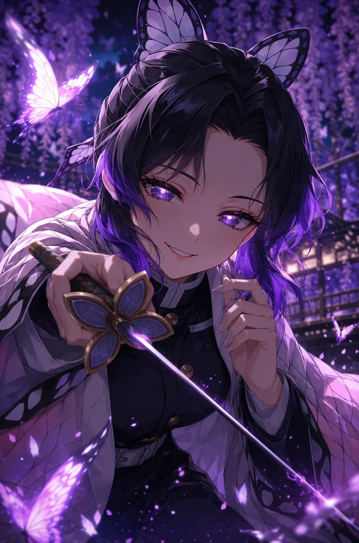 Purple butterfly swordswoman in a night garden