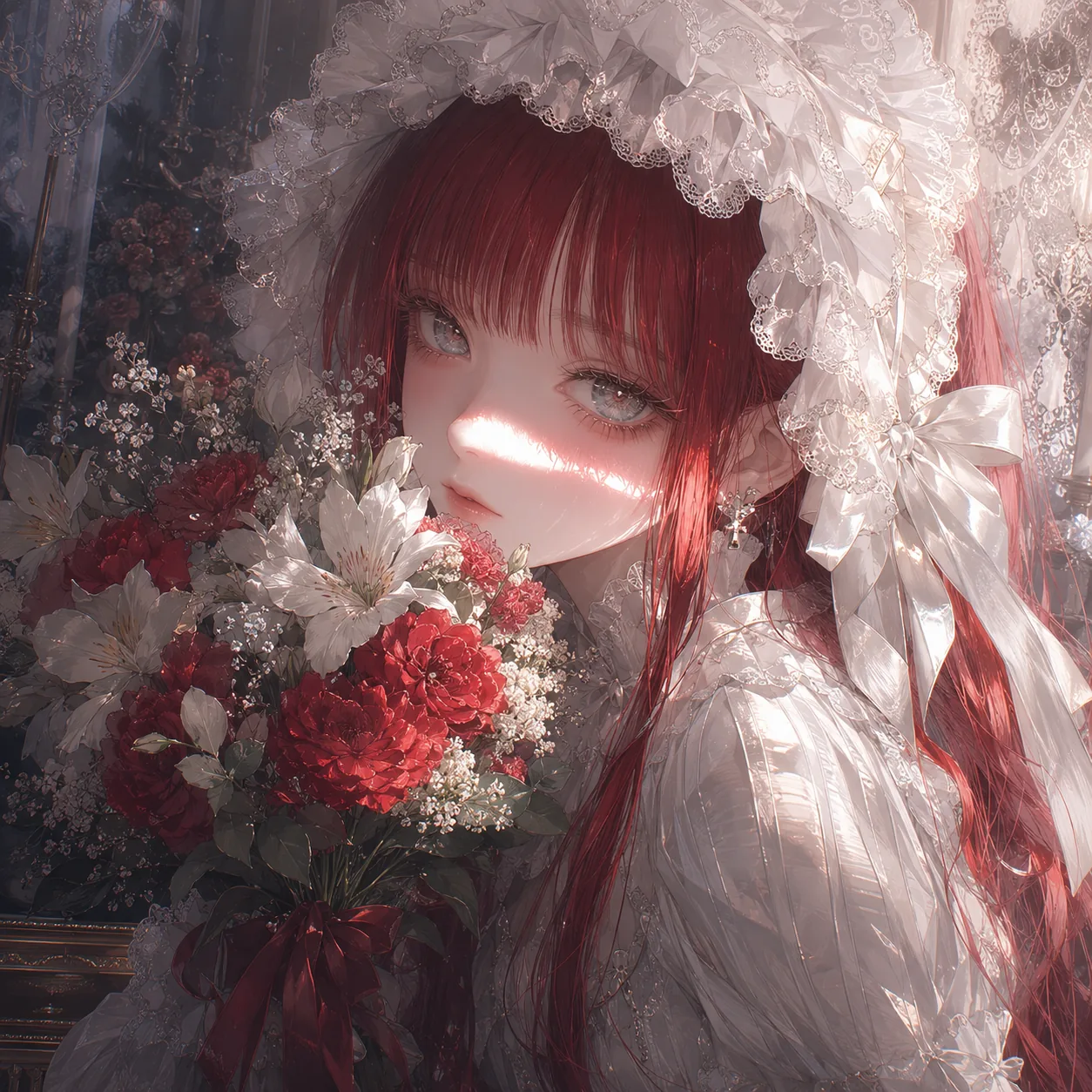 Red-haired anime bride holding crimson flowers