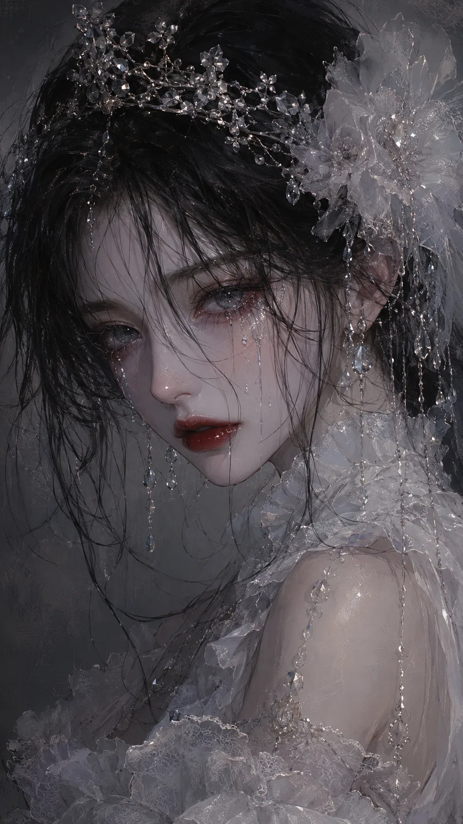 Black-haired anime bride wearing crystal flowers