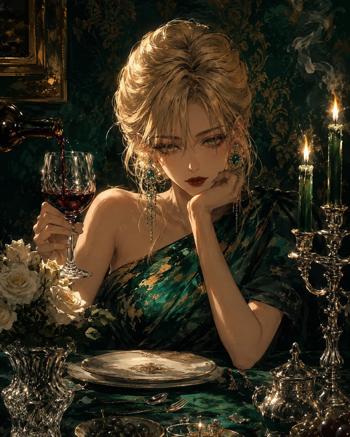 Elegant anime woman at an emerald candlelit dinner