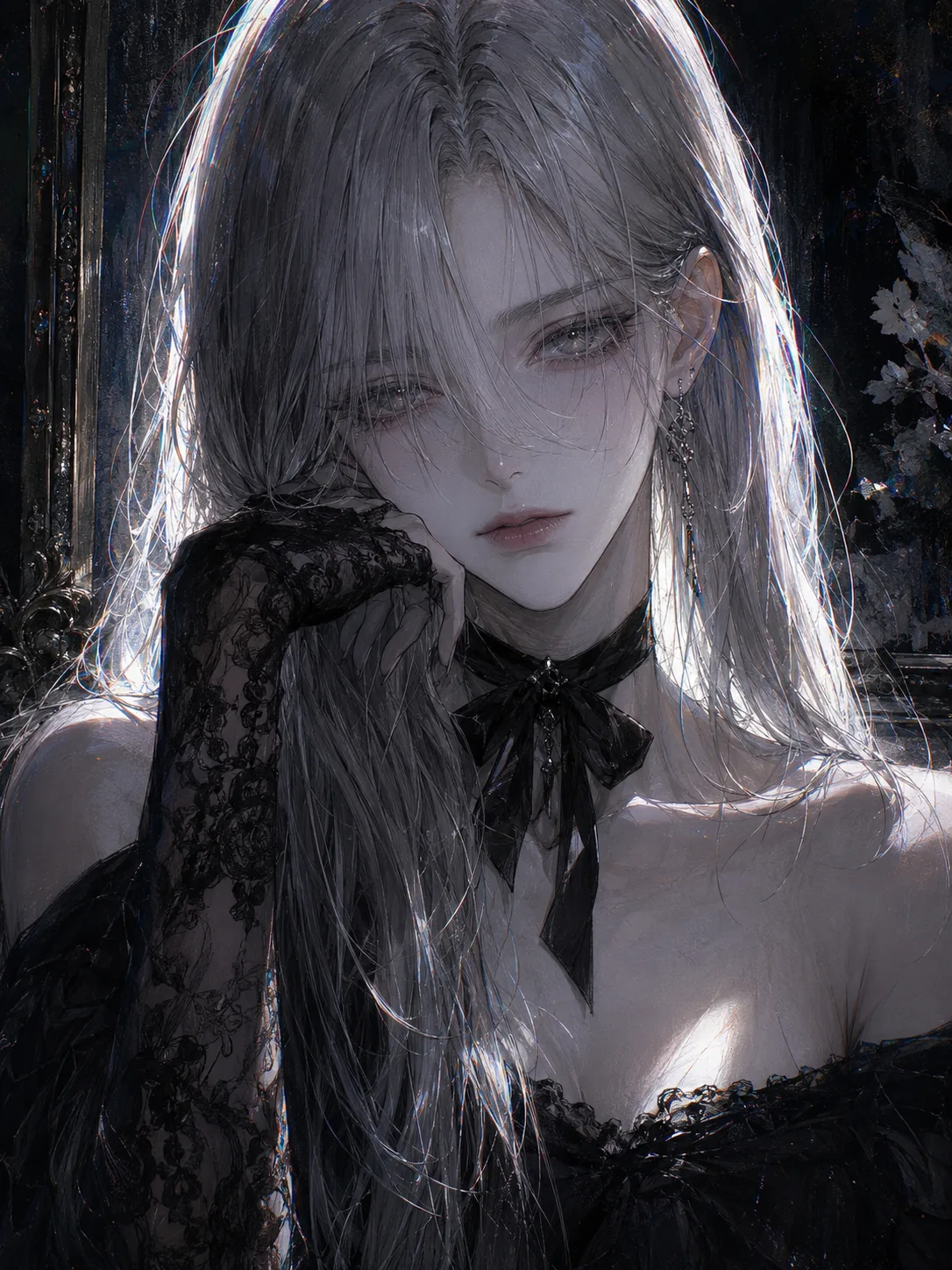Silver-haired gothic anime woman in black lace