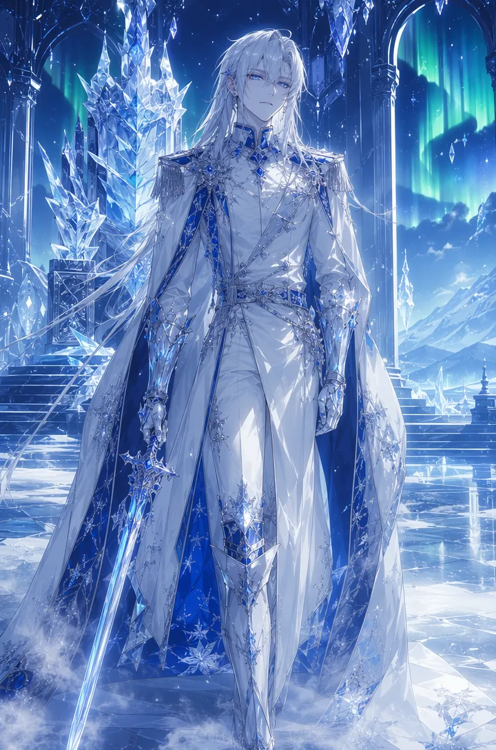 White-haired ice paladin in a crystal palace