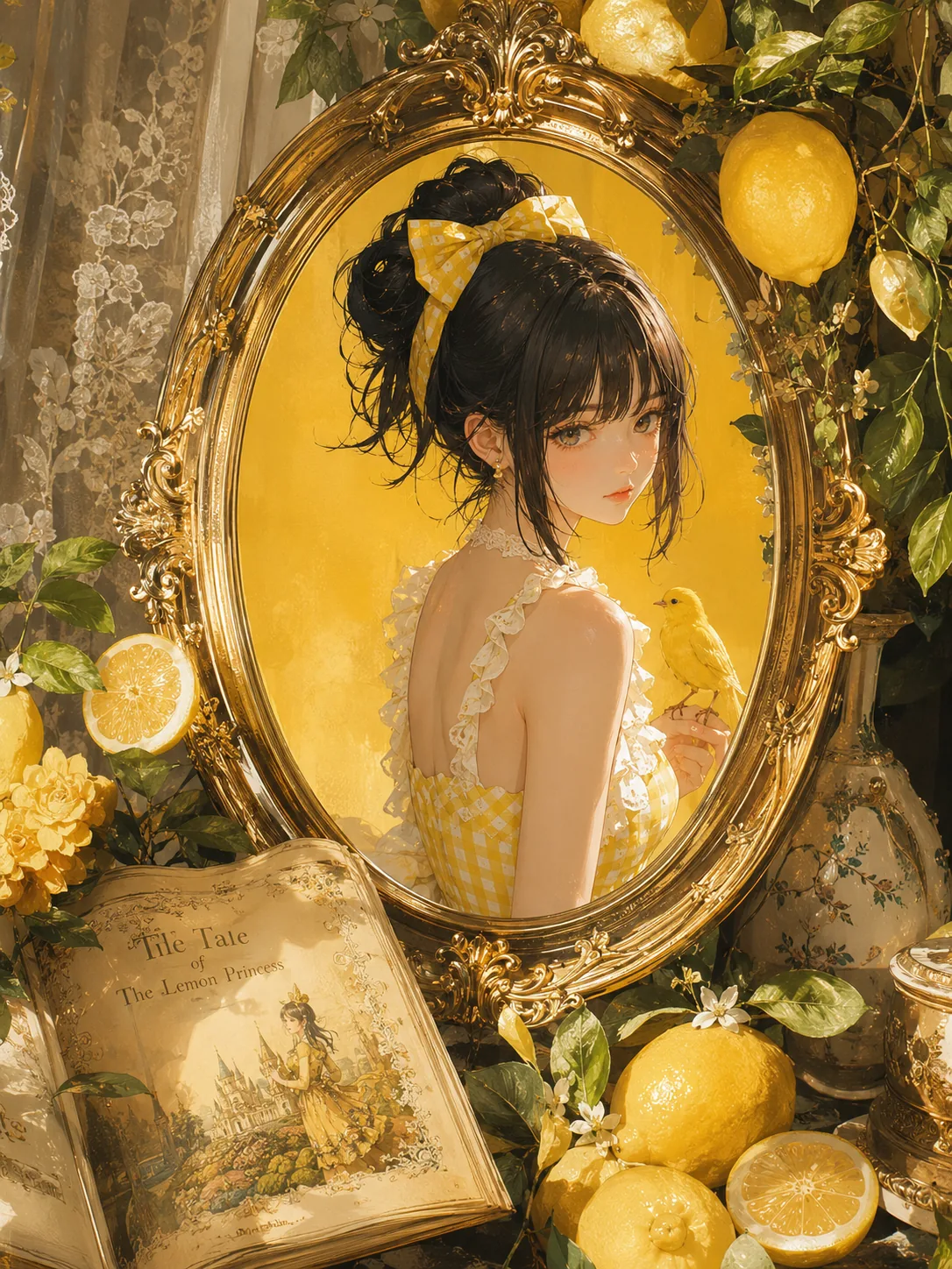 Anime princess framed by lemons and a golden mirror
