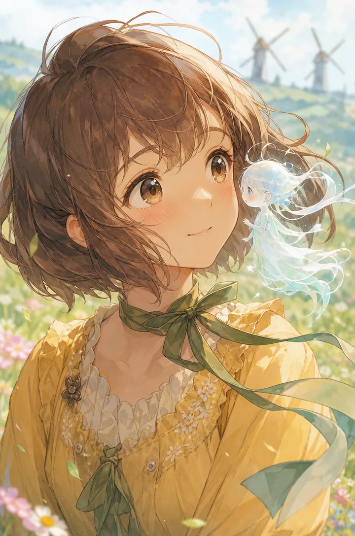 Girl meeting a tiny spirit in a sunny meadow