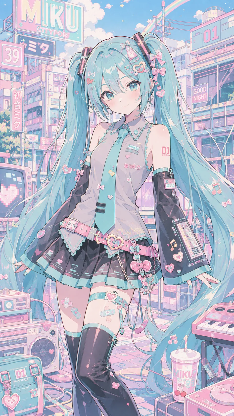 Turquoise-haired virtual idol in a pastel city