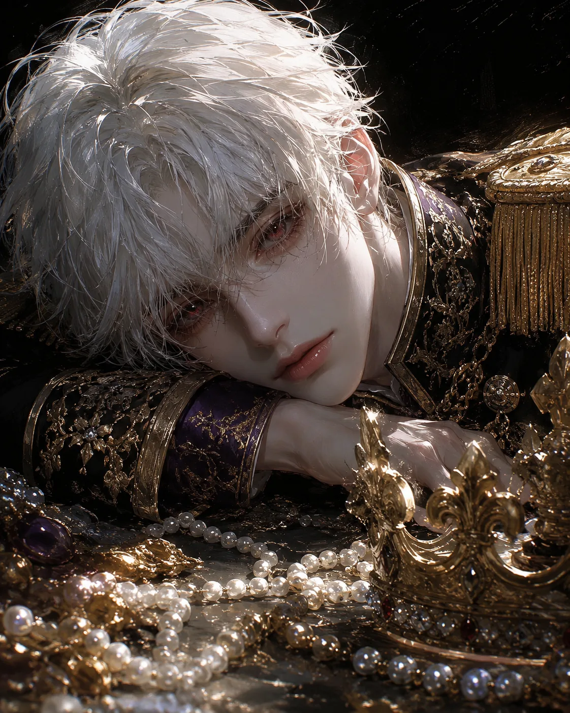 White-haired anime prince resting among gold and pearls