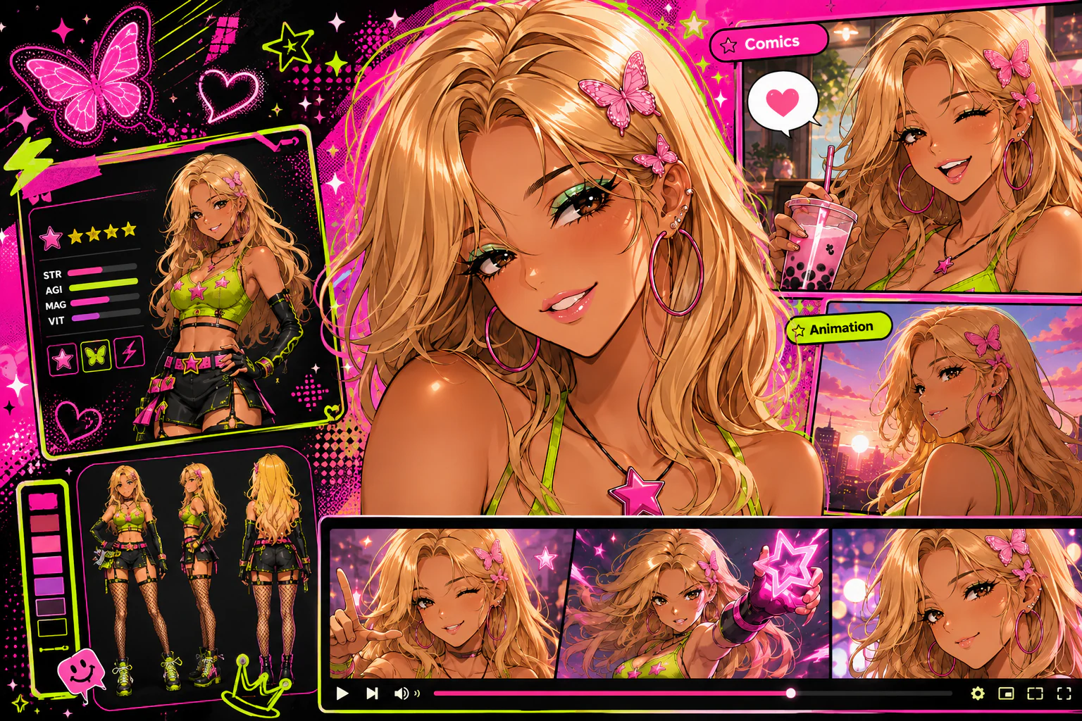 Anime character design reused across comics, animation scenes and game-style character sheets