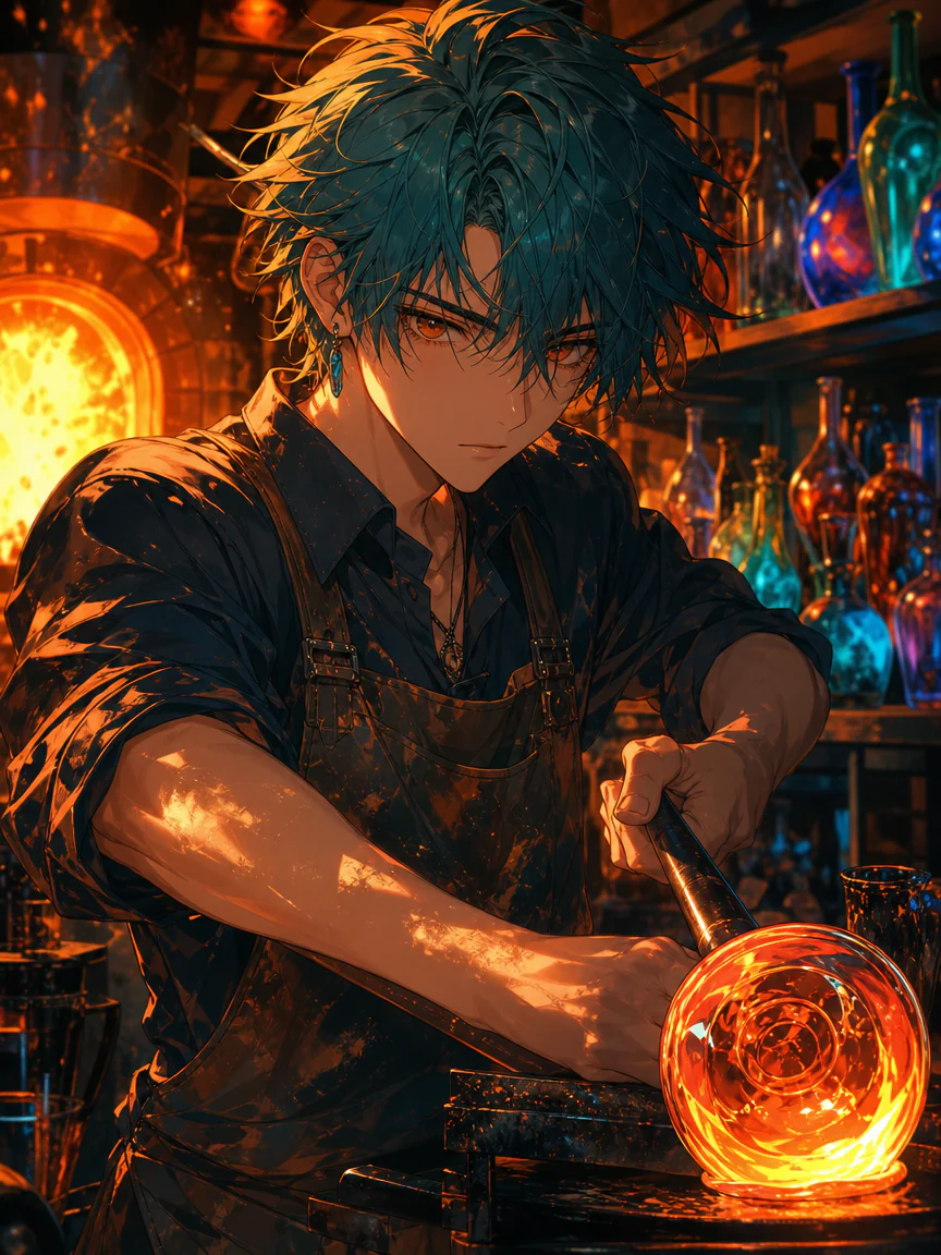 Teal-haired anime glass artist shaping a glowing molten orb
