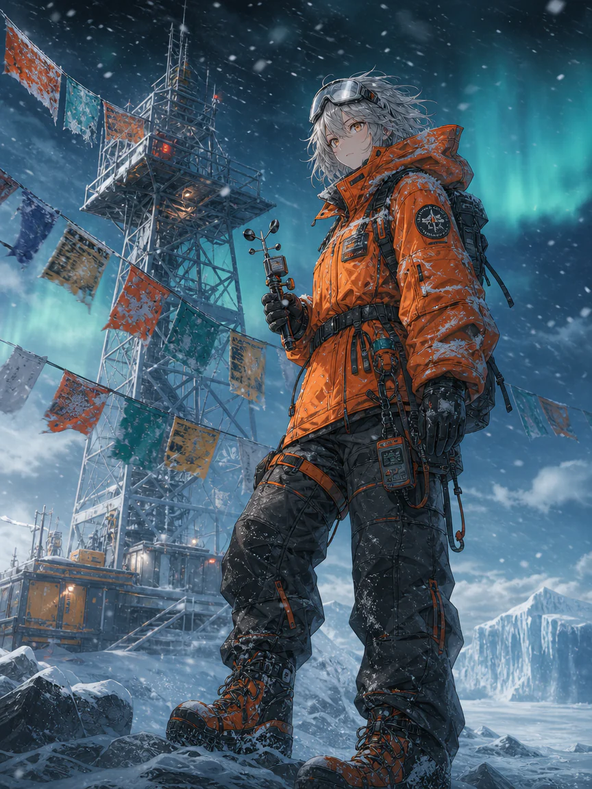 Anime arctic explorer in orange expedition gear beneath the aurora