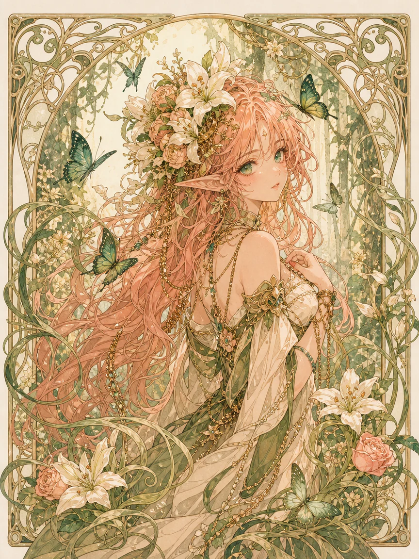 Pink-haired forest elf framed by lilies and butterflies