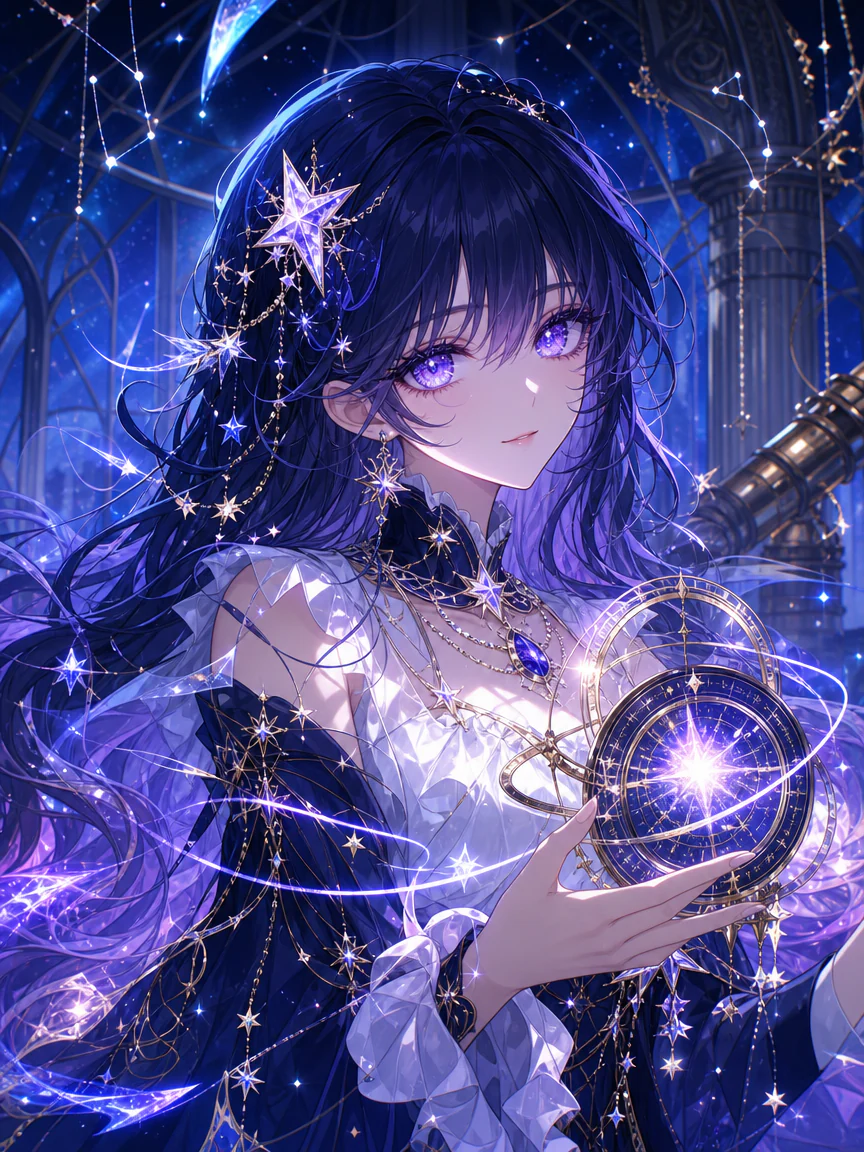Dark-haired celestial oracle holding a glowing star instrument