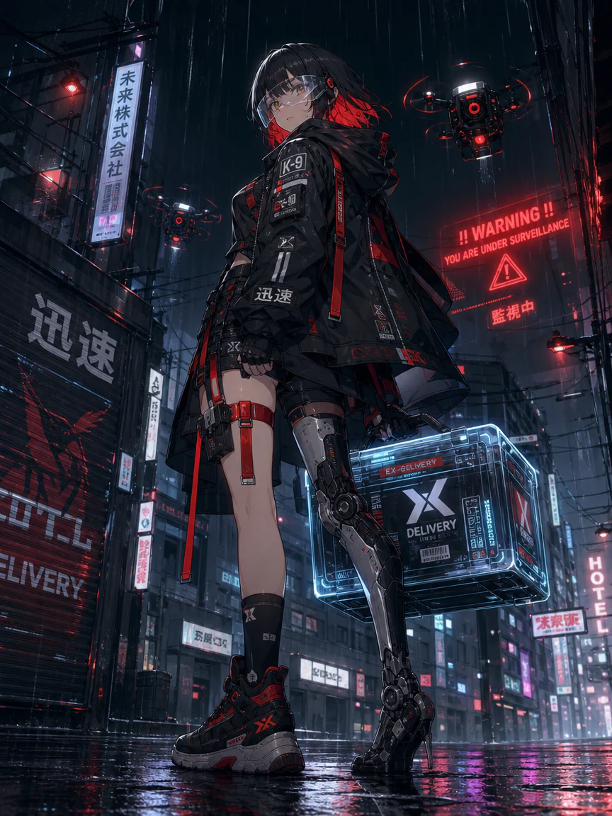 Cyberpunk courier with a mechanical leg in a rainy neon city