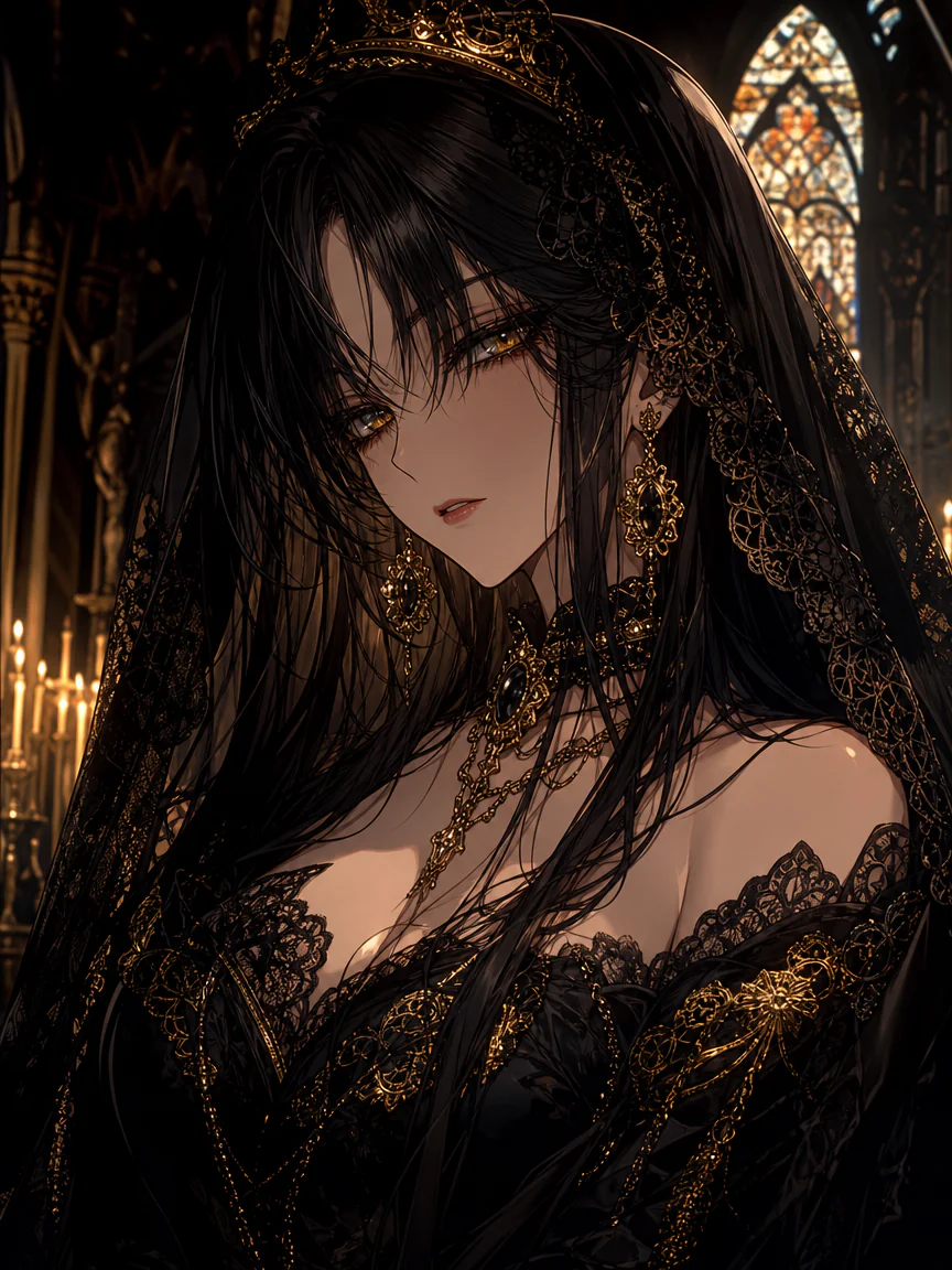 Black-haired gothic queen wearing gold lace in a candlelit cathedral