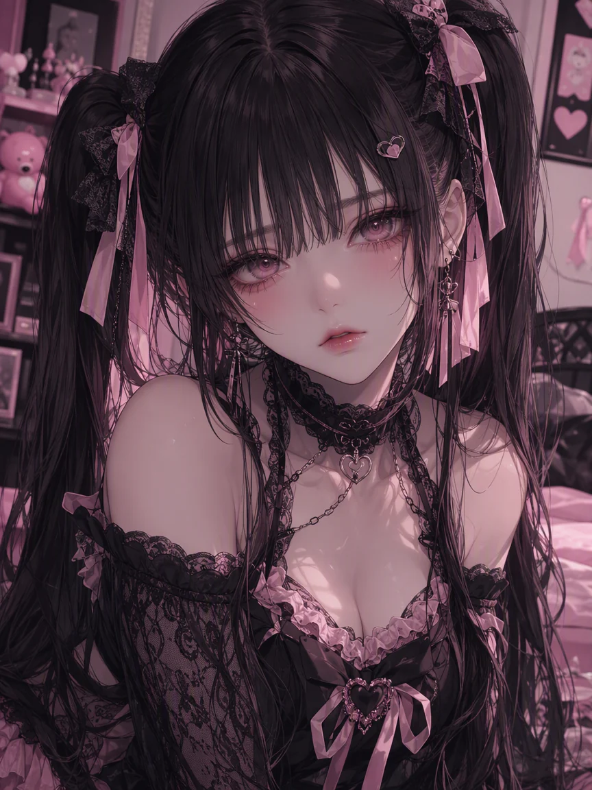 Black-haired gothic anime girl with twin tails and pink ribbons